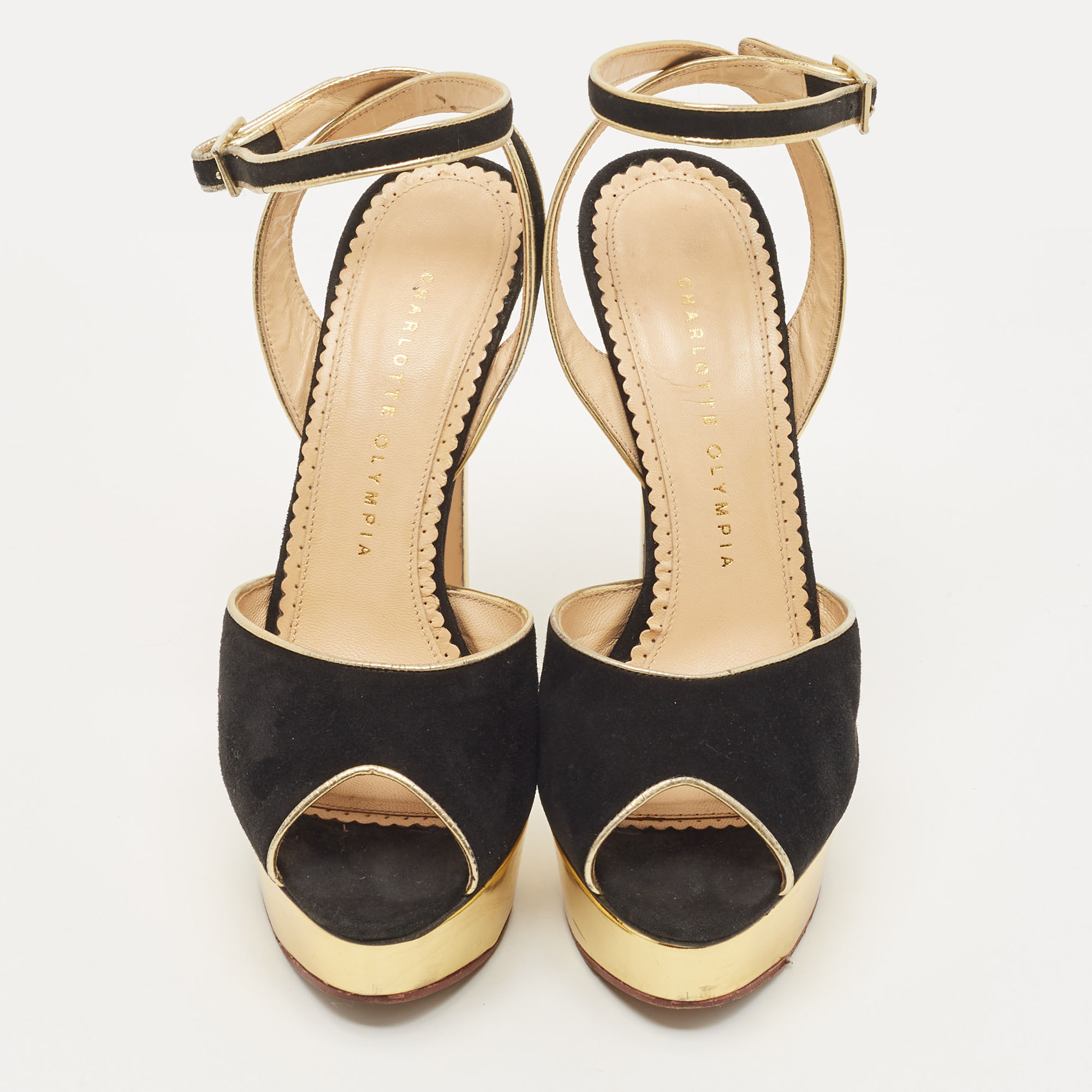 Charlotte Olympia Black Suede And Leather Peep Toe Platform Sandals Size 38.5