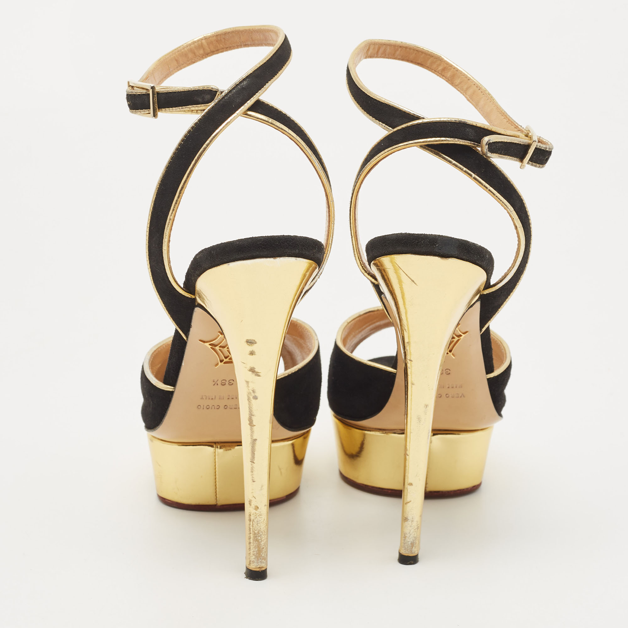 Charlotte Olympia Black Suede And Leather Peep Toe Platform Sandals Size 38.5