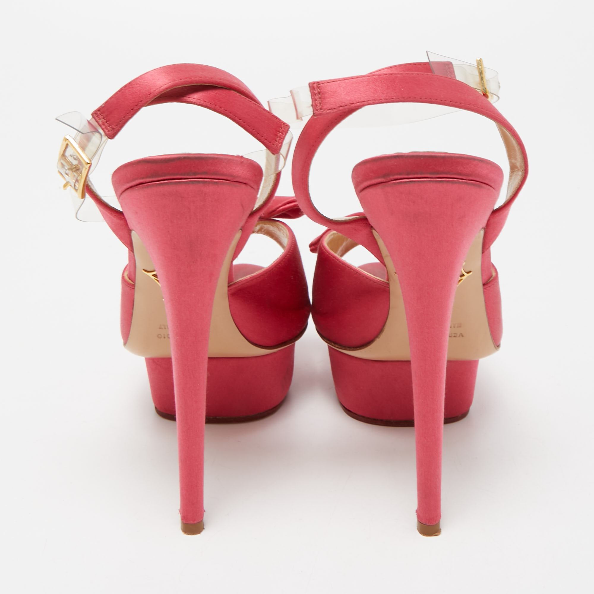 Charlotte Olympia Pink Satin Serena Bow Ankle Strap Platform Sandals Size 38