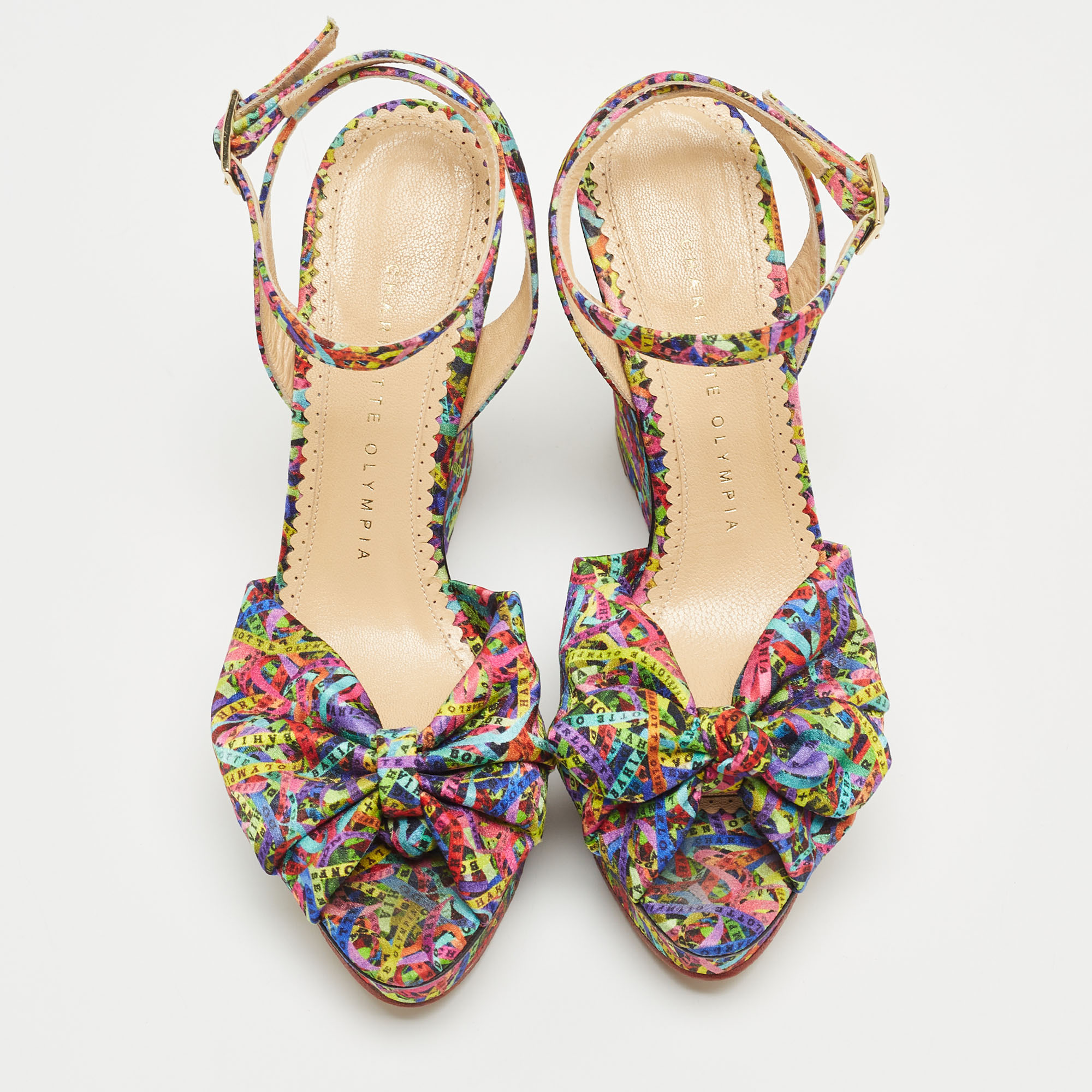 Charlotte Olympia Multicolor Printed Satin Wedge Platform Ankle Strap Sandals Size 38