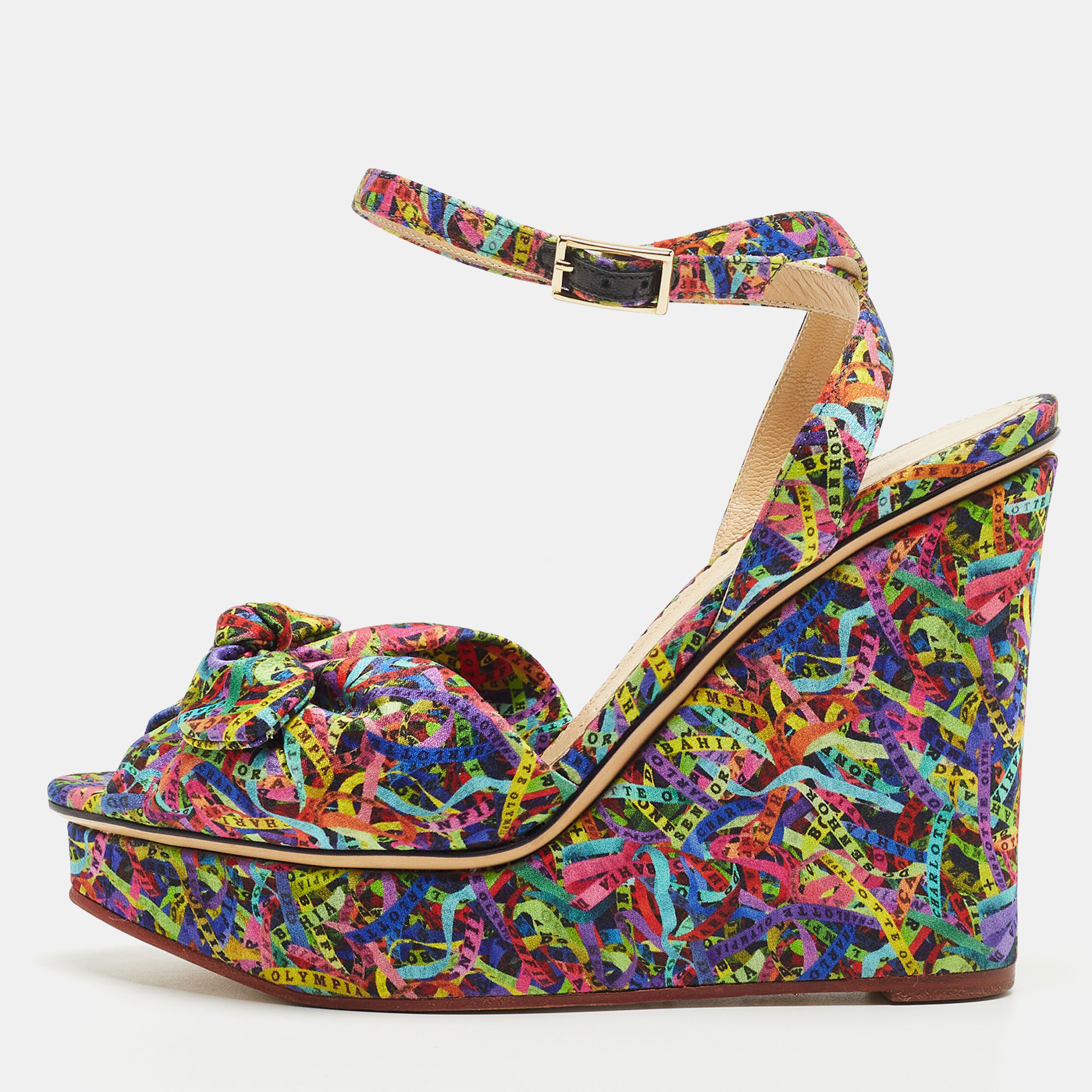 Charlotte Olympia Multicolor Printed Satin Wedge Platform Ankle Strap Sandals Size 38