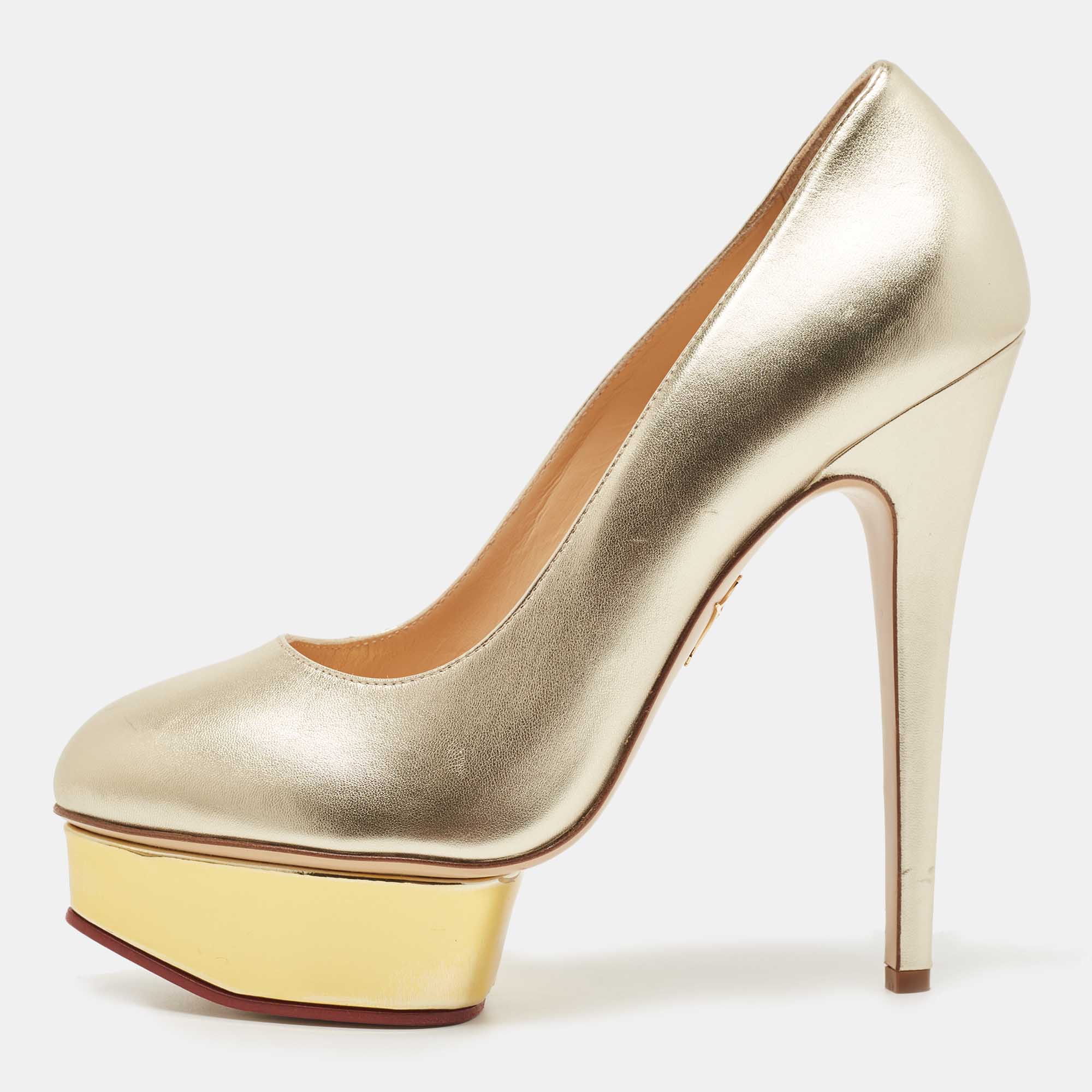 Charlotte Olympia Gold Leather Dolly Pumps Size 40.5