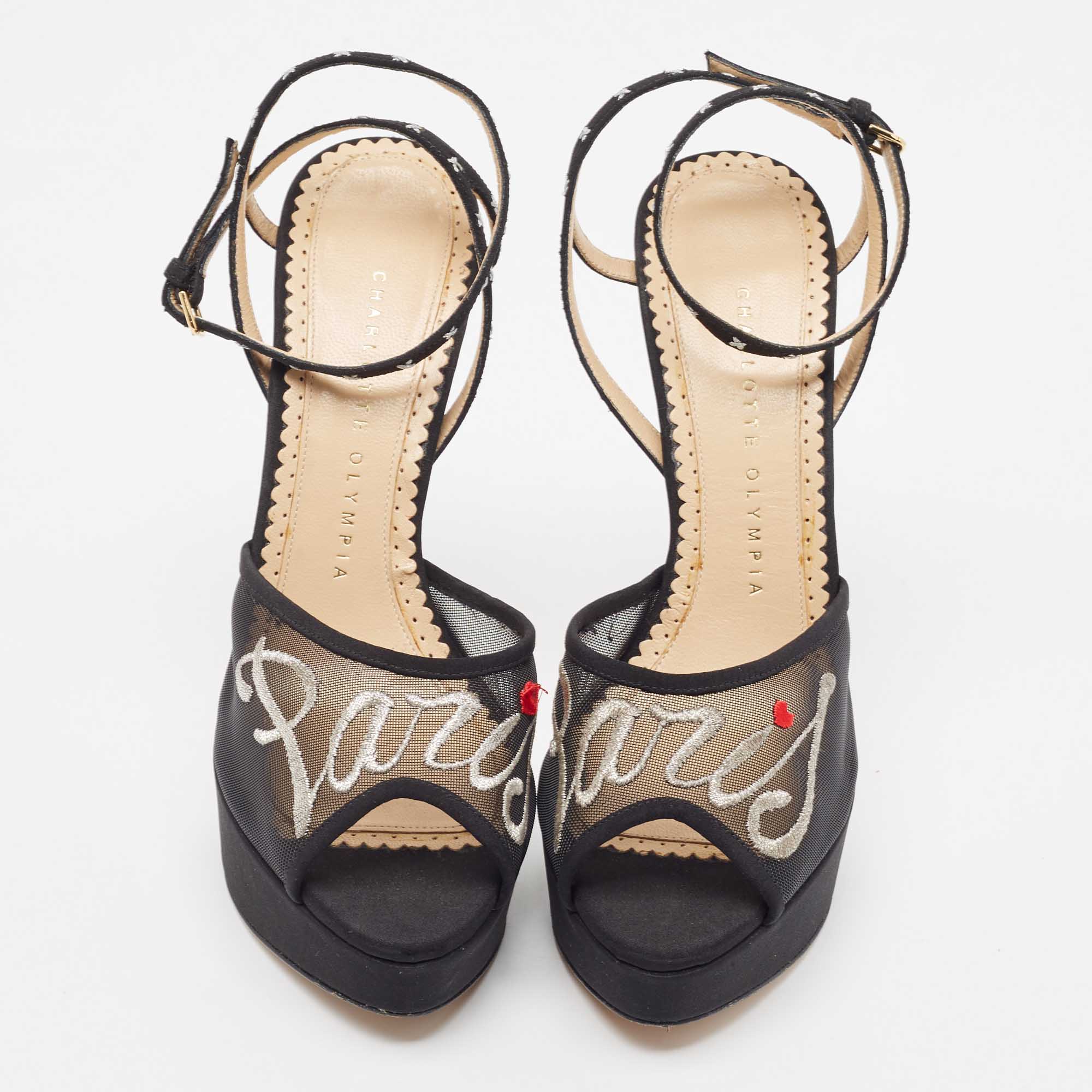 Charlotte Olympia Black Mesh And Canvas Platform Sandals Size 37.5