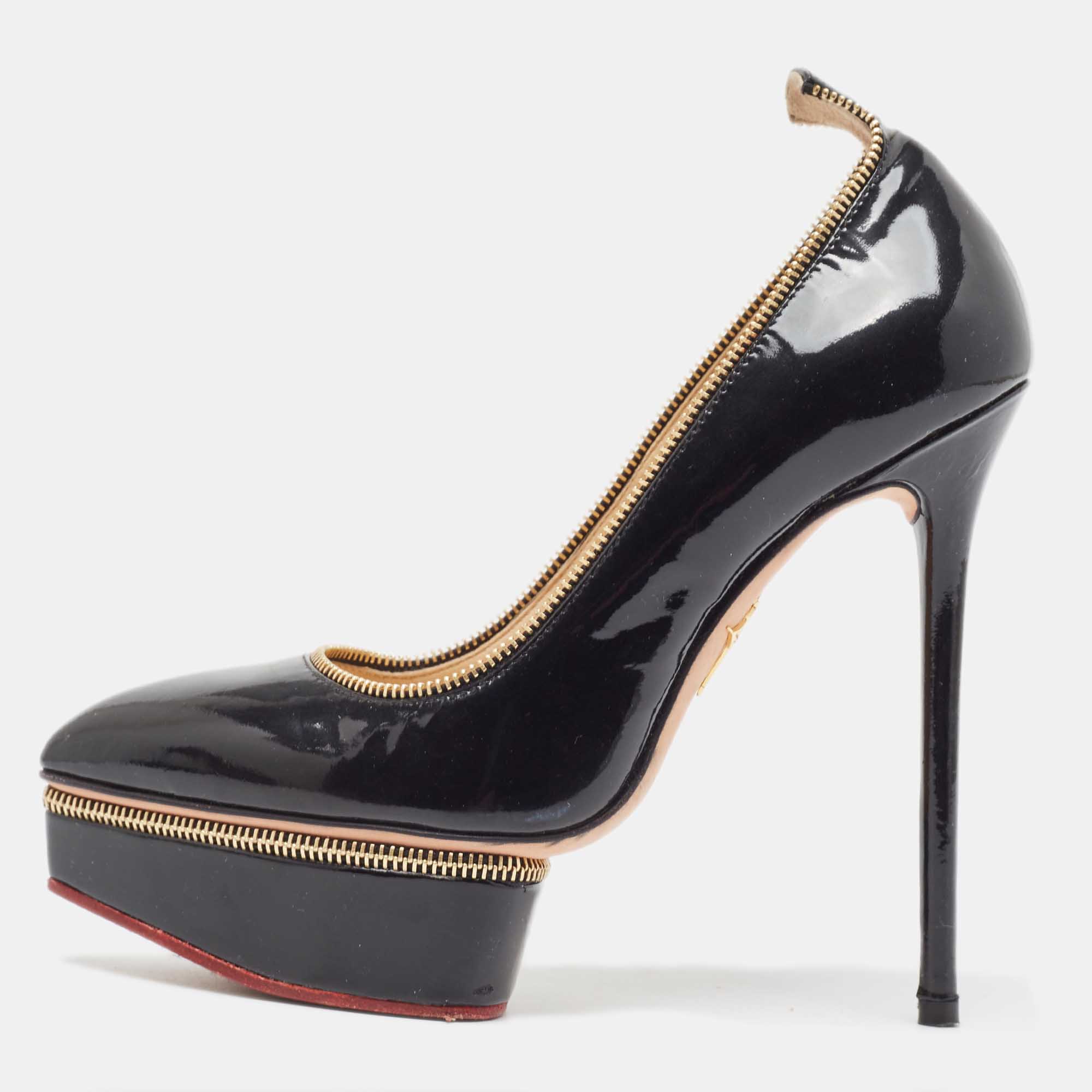 

Charlotte Olympia x Agent Provocateur Black Patent Leather Zipper Detail Platform Pumps Size