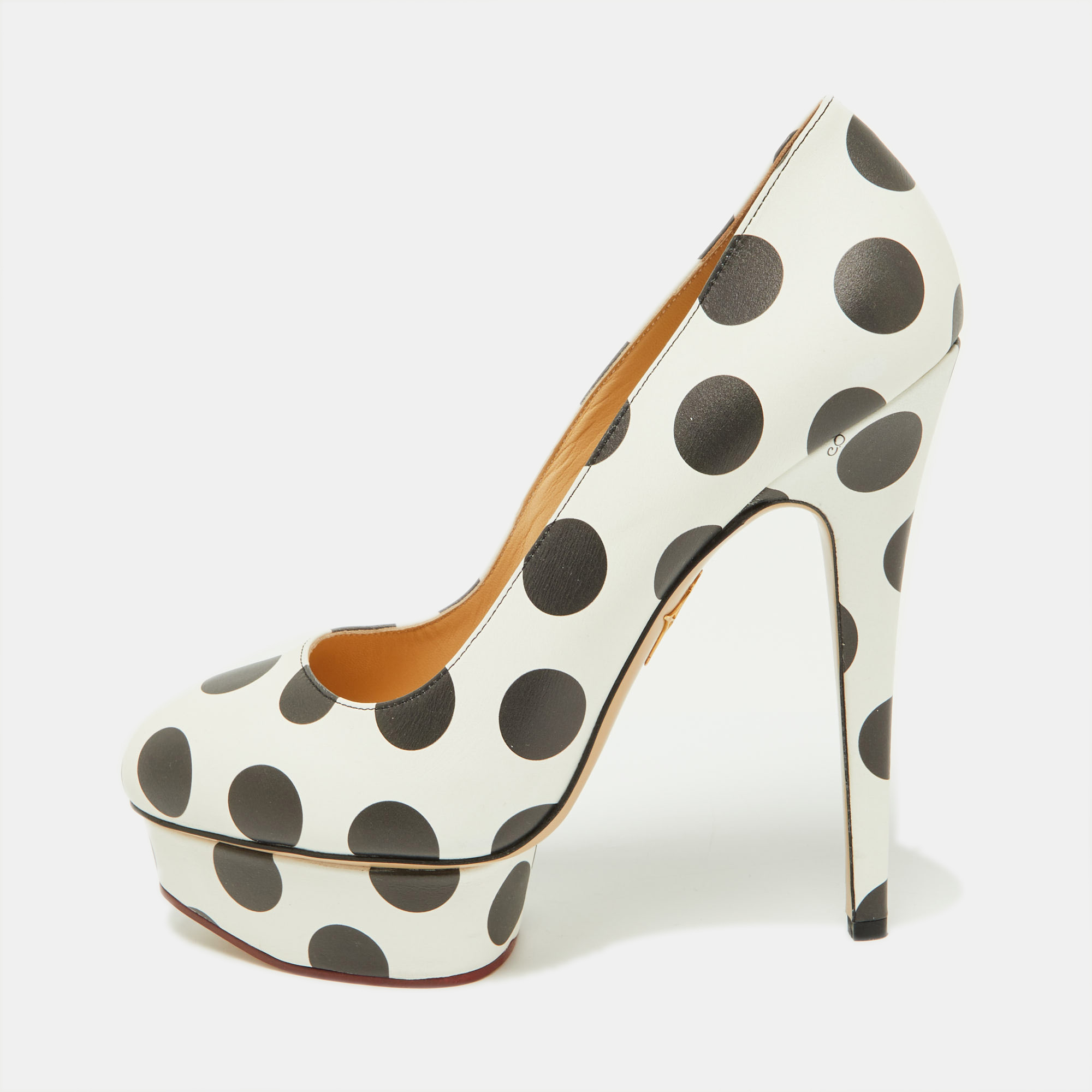 Charlotte olympia white/black polka dot print leather dolly platform pumps size 40