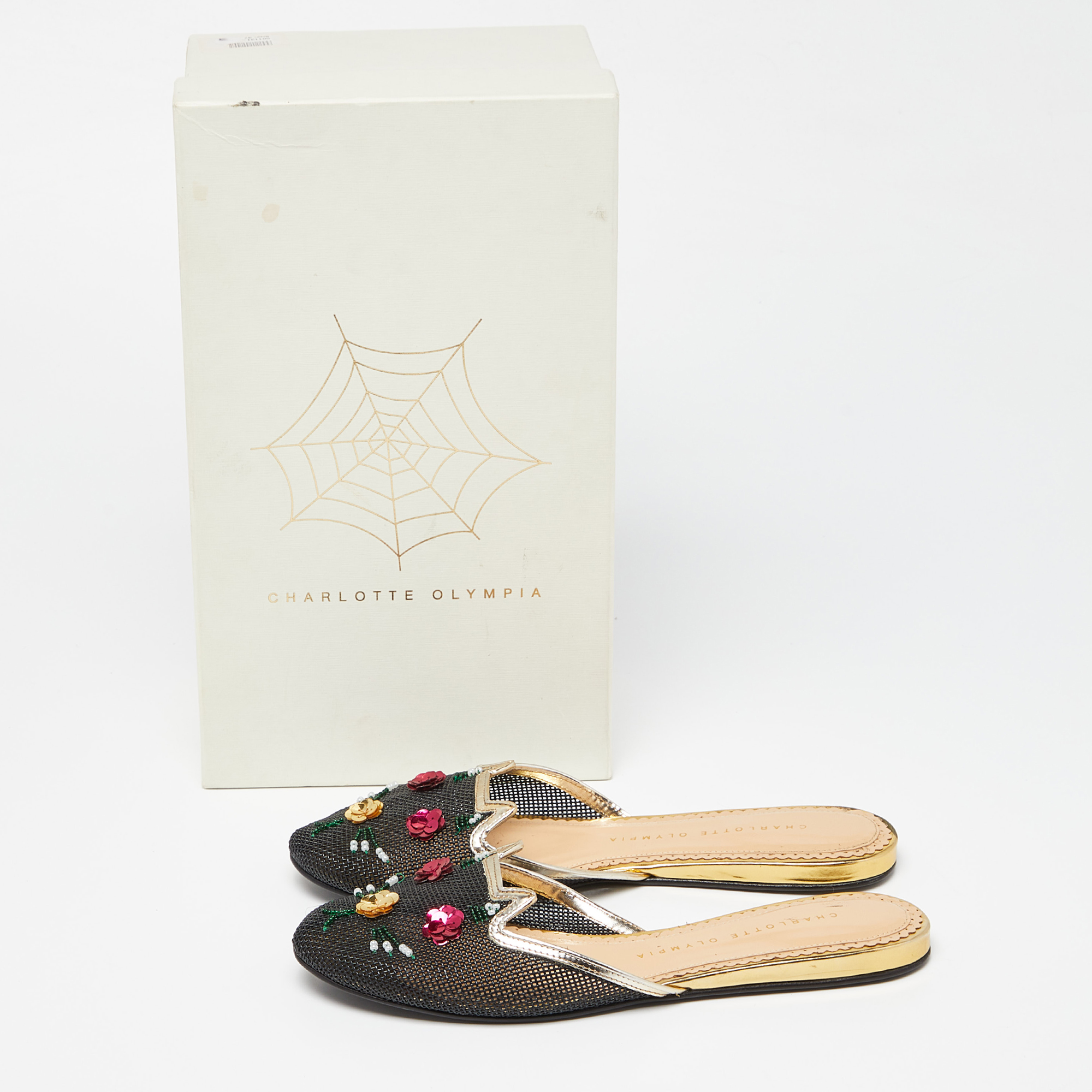 Charlotte Olympia Black/Gold Mesh And Patent Leather Kitsch Kitty Sequin Flat Slides Size 37