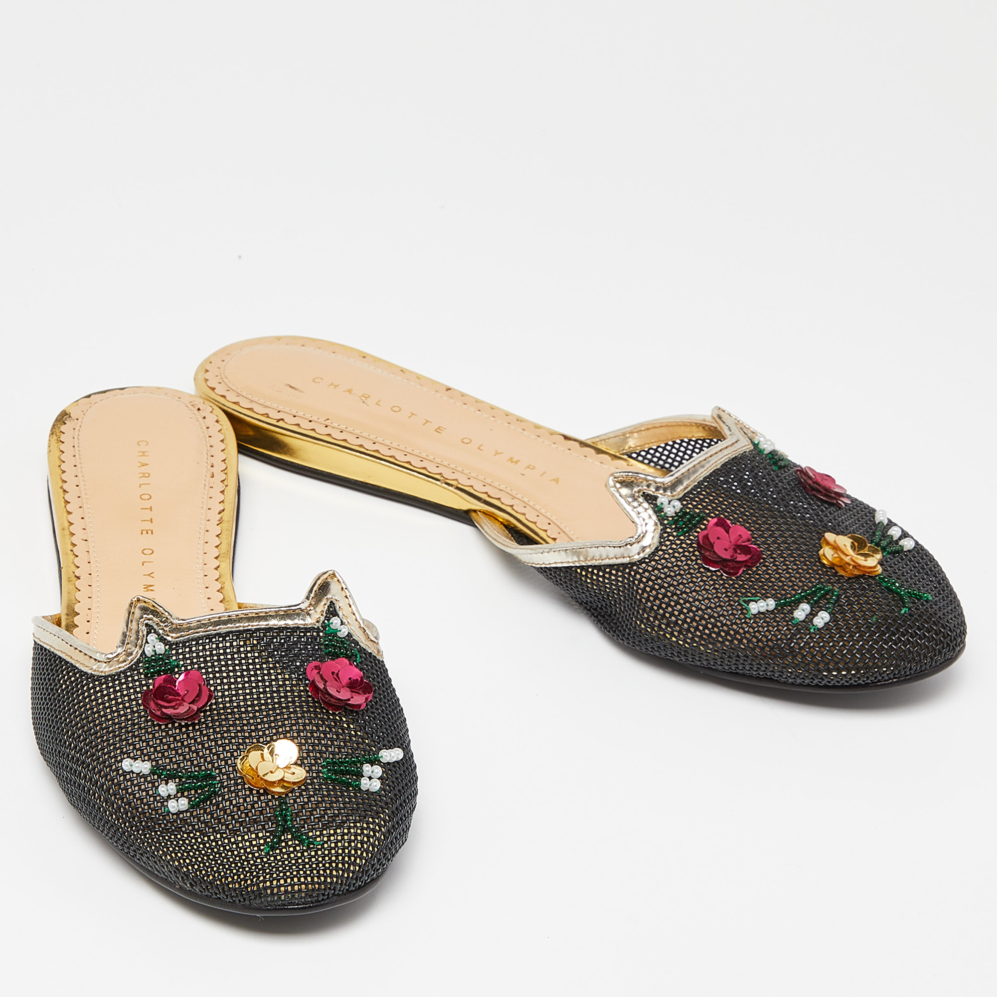 Charlotte Olympia Black/Gold Mesh And Patent Leather Kitsch Kitty Sequin Flat Slides Size 37