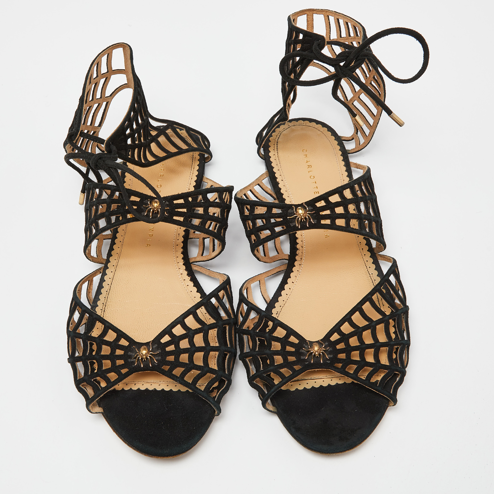 Charlotte Olympia Black Suede Miss Muffet Flat Sandals Size 41