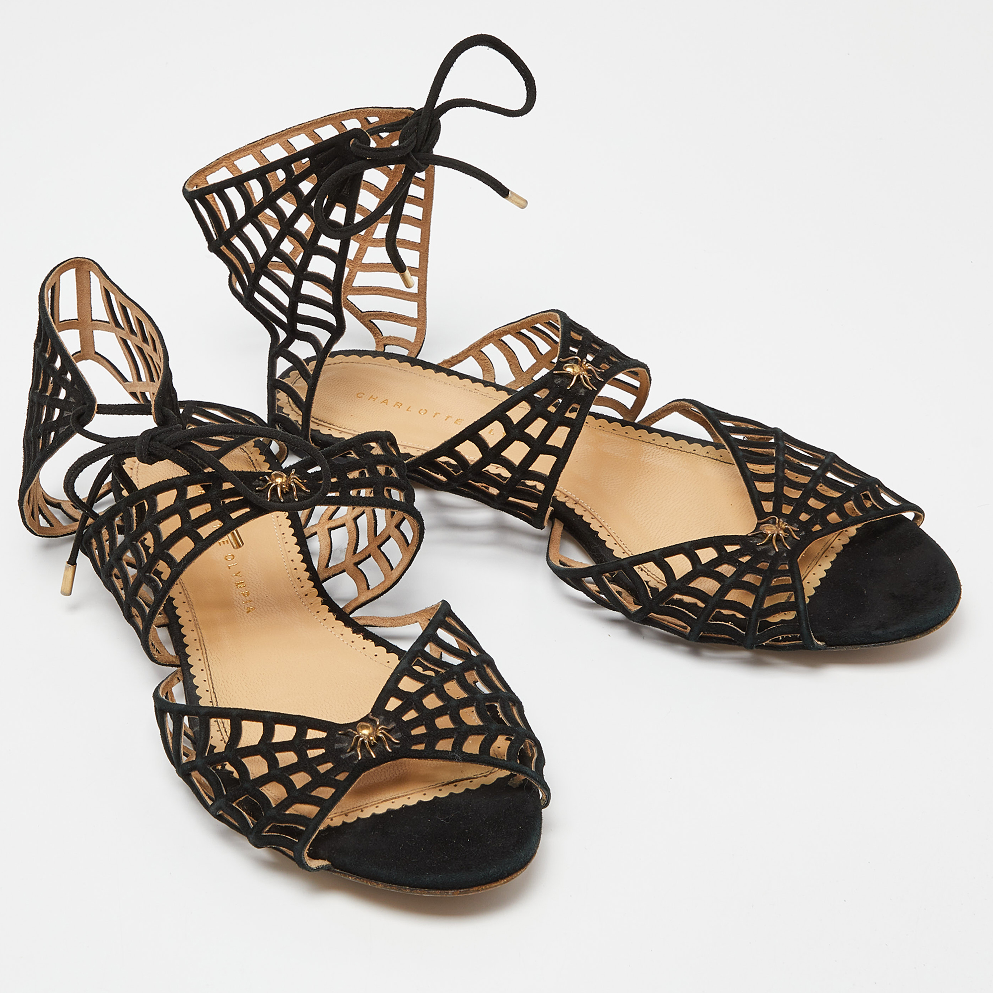 Charlotte Olympia Black Suede Miss Muffet Flat Sandals Size 41