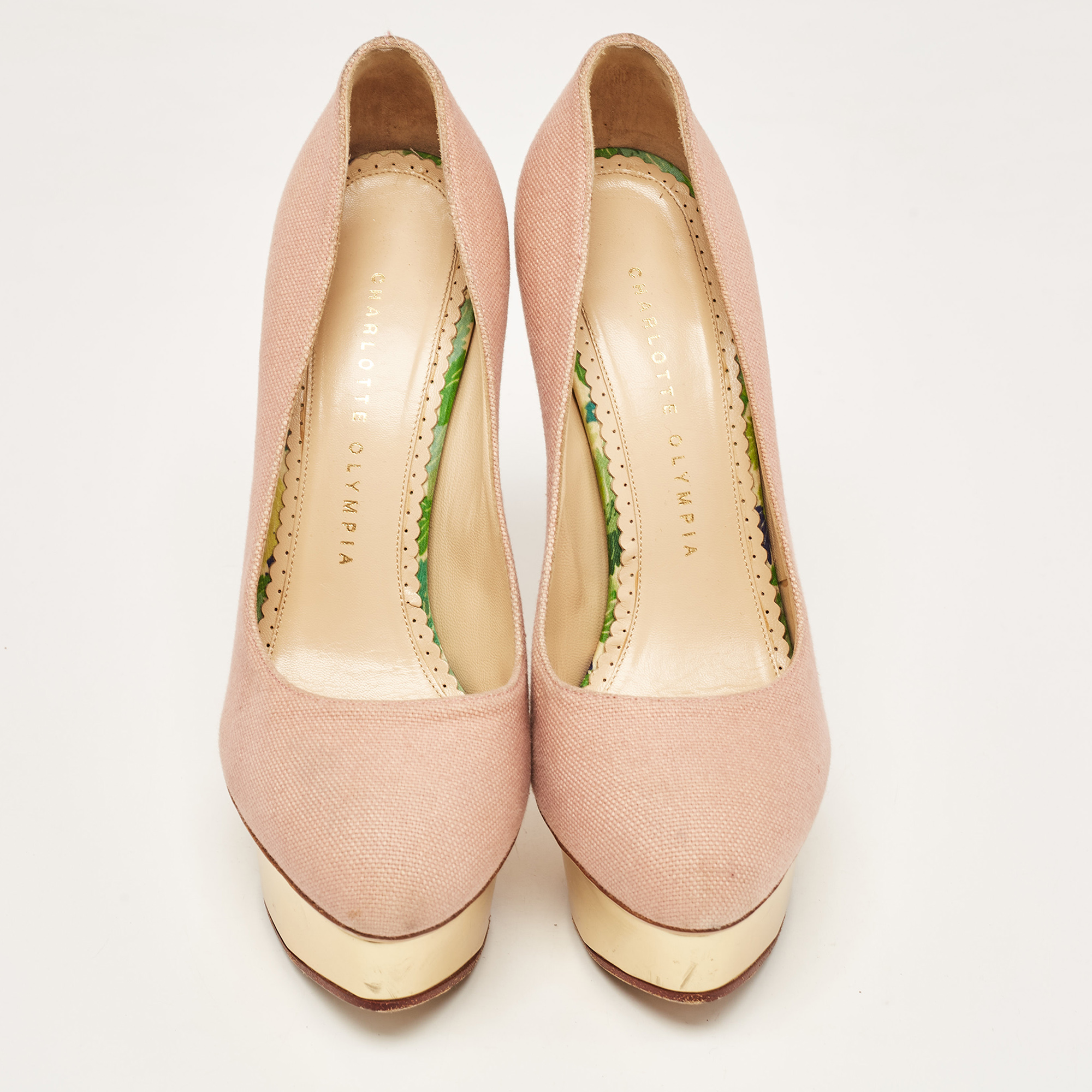 Charlotte Olympia Pink Canvas Dolly Platform Pumps Size 38