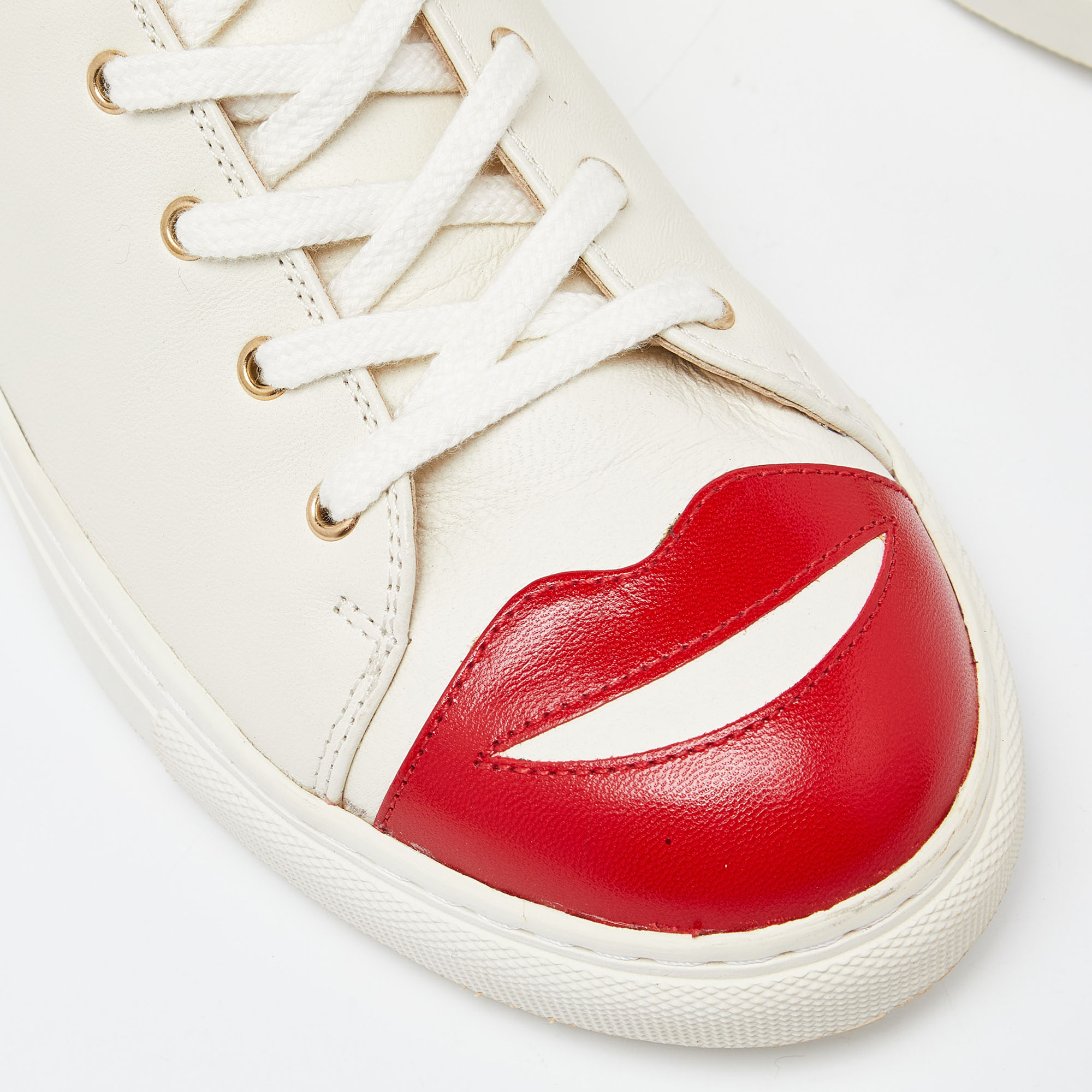 Charlotte Olympia White Leather Kiss Me Low Top Sneakers Size 38