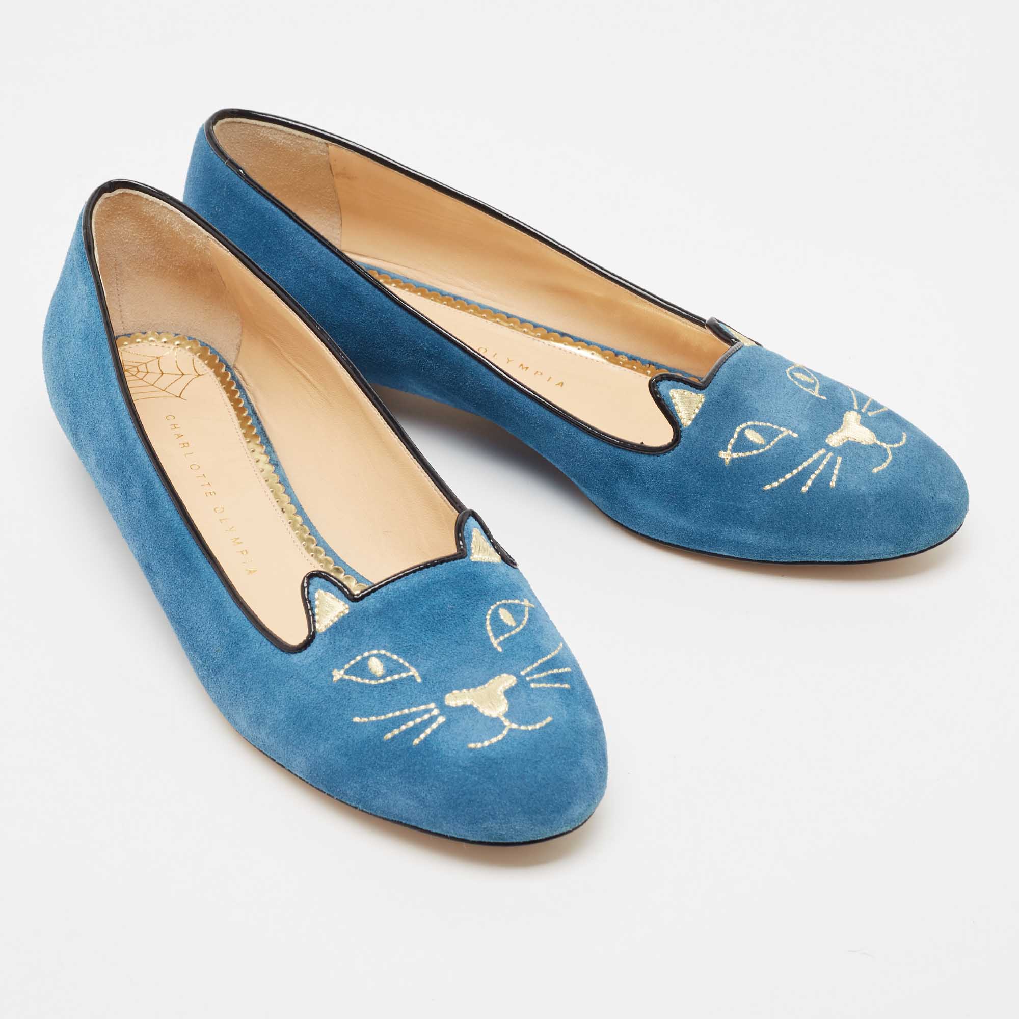 Charlotte Olympia Blue Suede Kitty Ballet Flats Size 42
