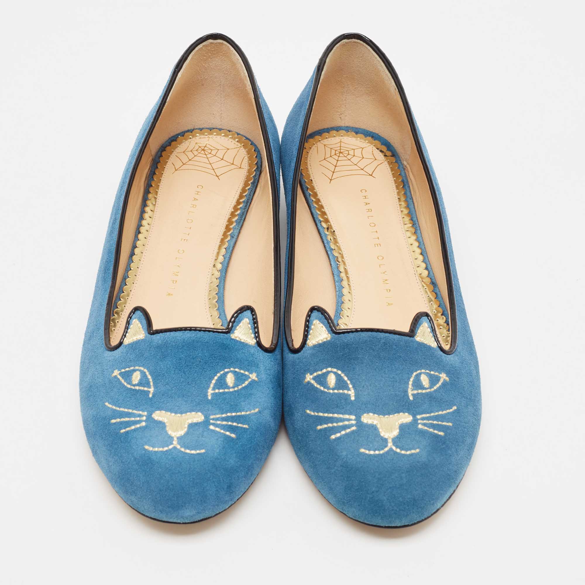 Charlotte Olympia Blue Suede Kitty Ballet Flats Size 42