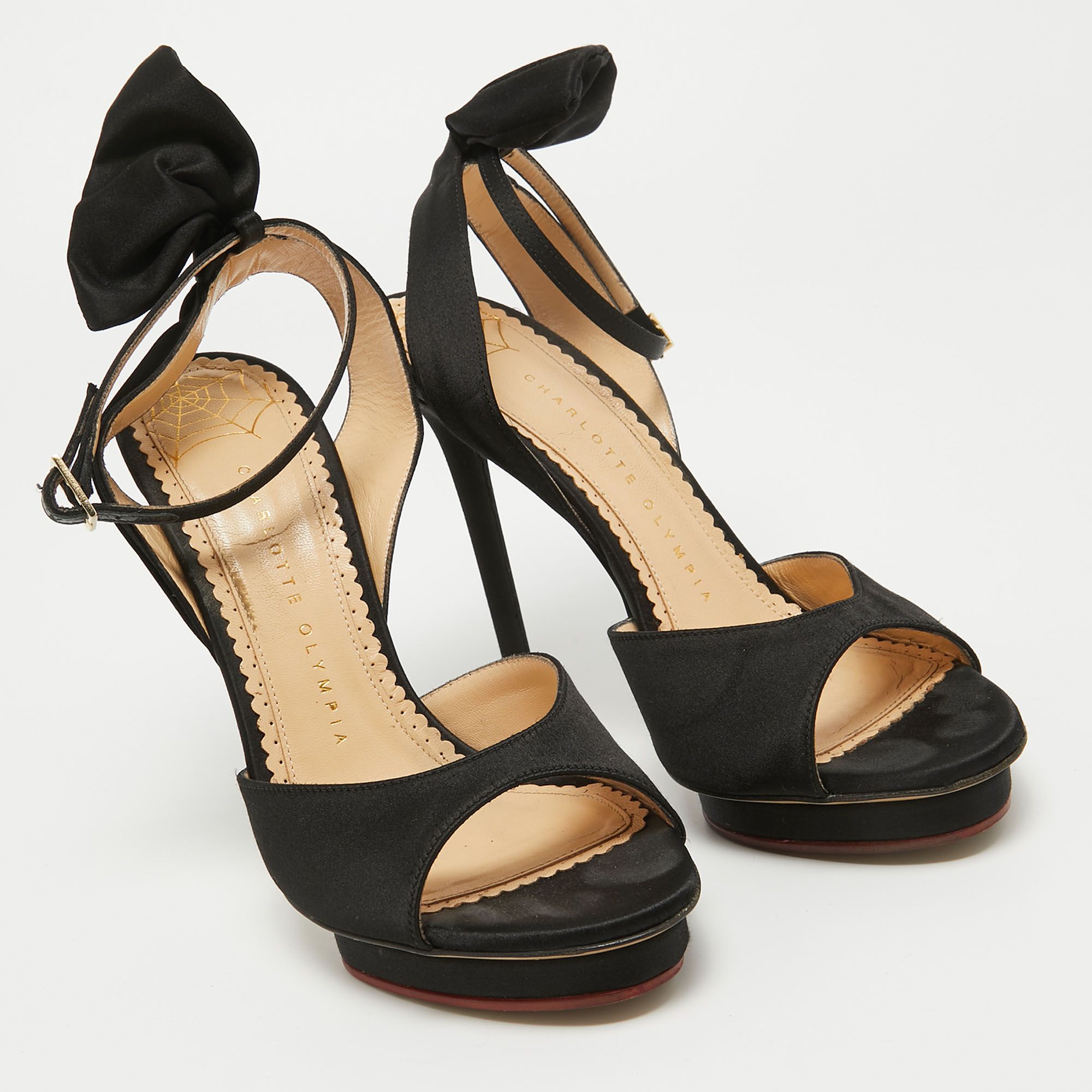 Charlotte Olympia Black Satin Wallace Sandals Size 38