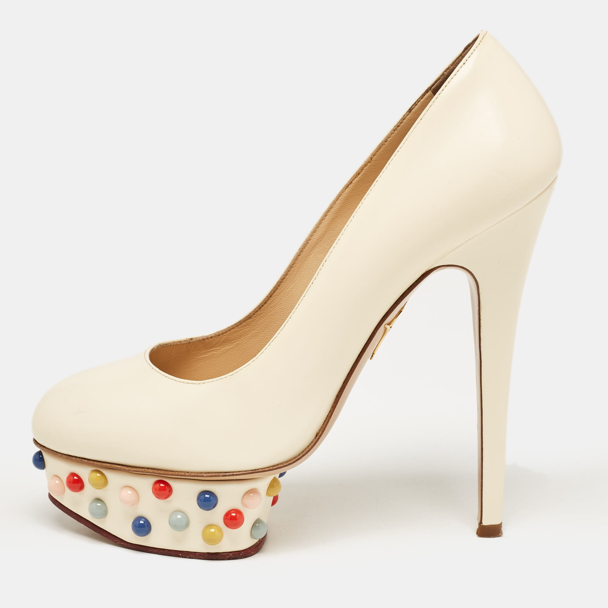 Charlotte olympia off white leather embellished dolly platform pumps size 37
