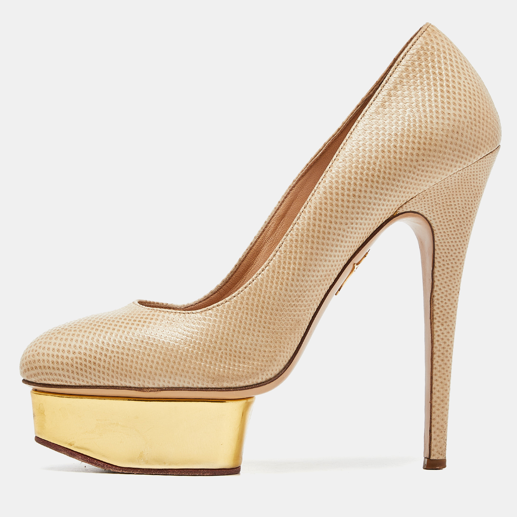 Charlotte olympia beige/gold karung leather dolly platform pumps size 39