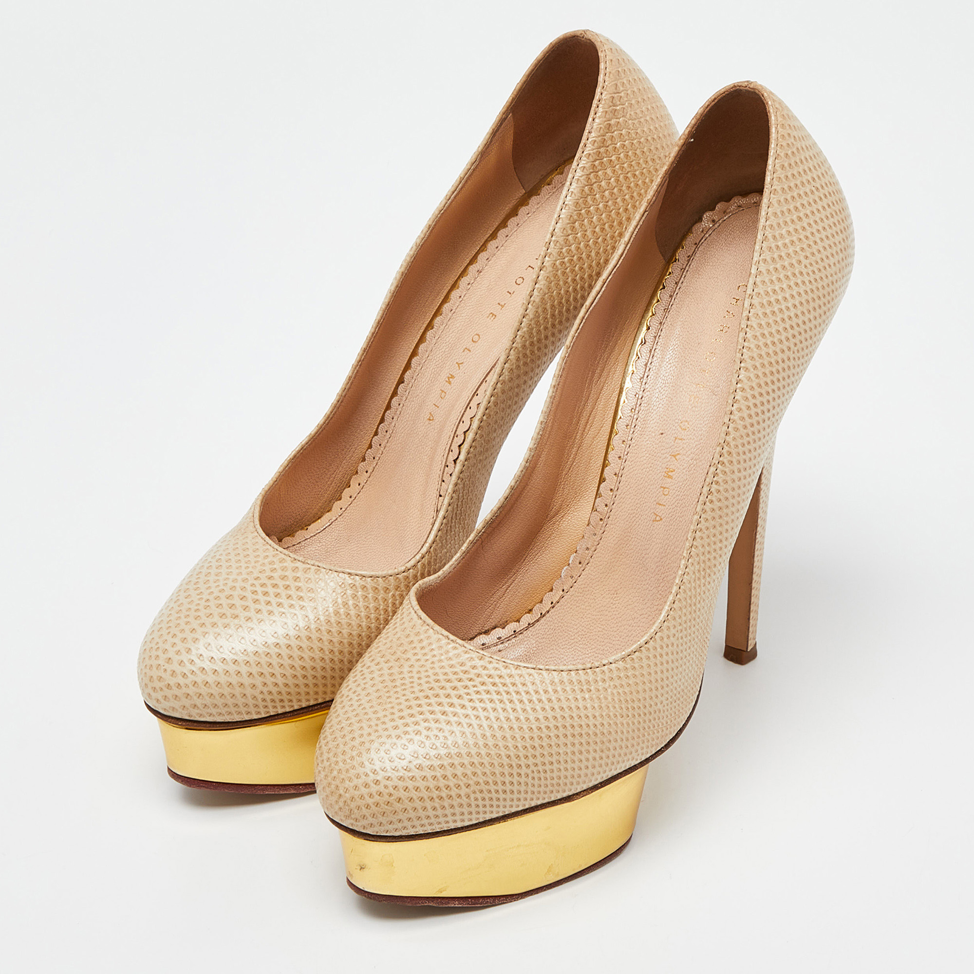 Charlotte Olympia Beige/Gold Karung Leather Dolly Platform Pumps Size 39