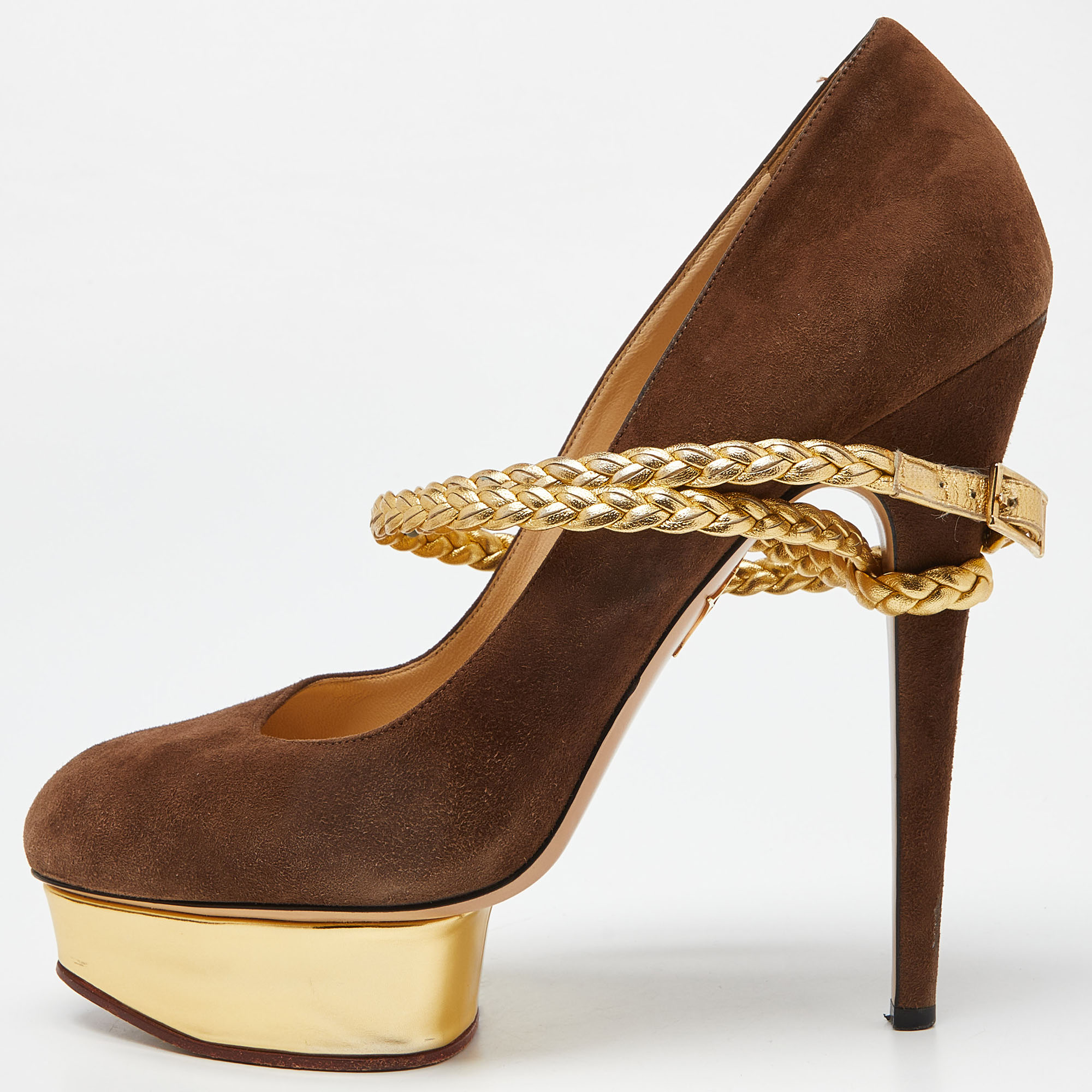 Charlotte olympia brown/gold suede dolly platform pumps size 42