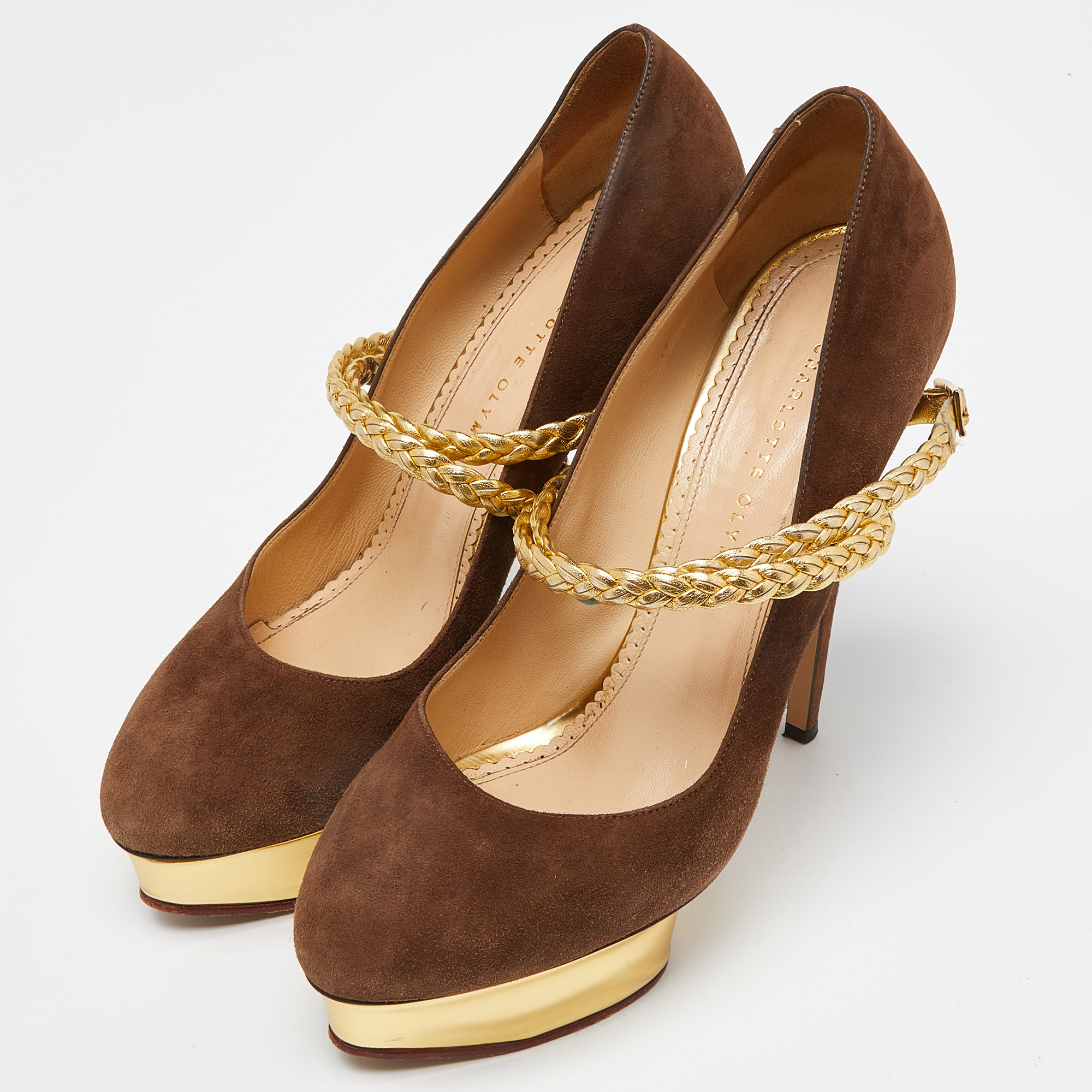 Charlotte Olympia Brown/Gold Suede Dolly Platform Pumps Size 42