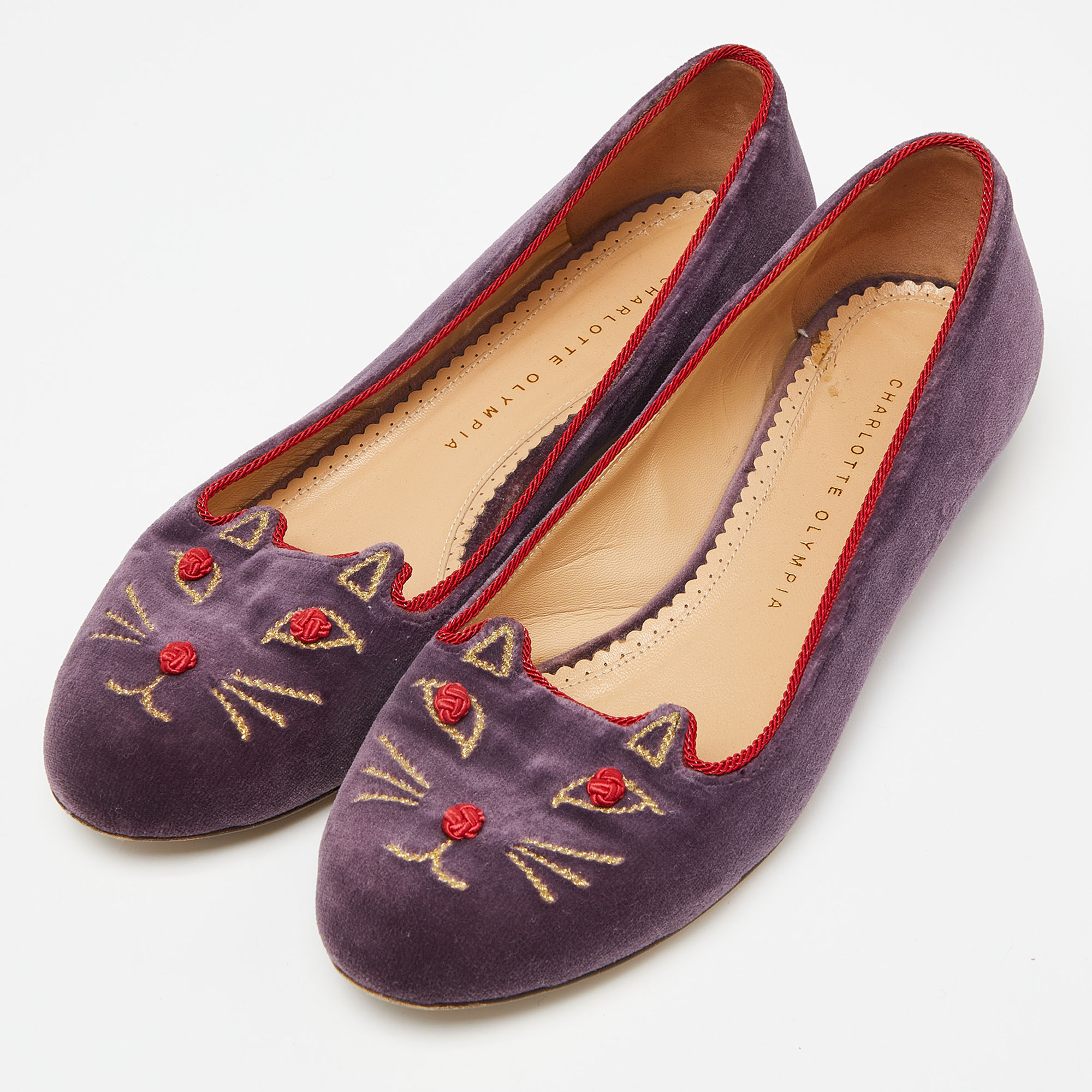 Charlotte Olympia Purple Velvet Emoticats Cheeky Kitty Ballet Flats Size 39.5