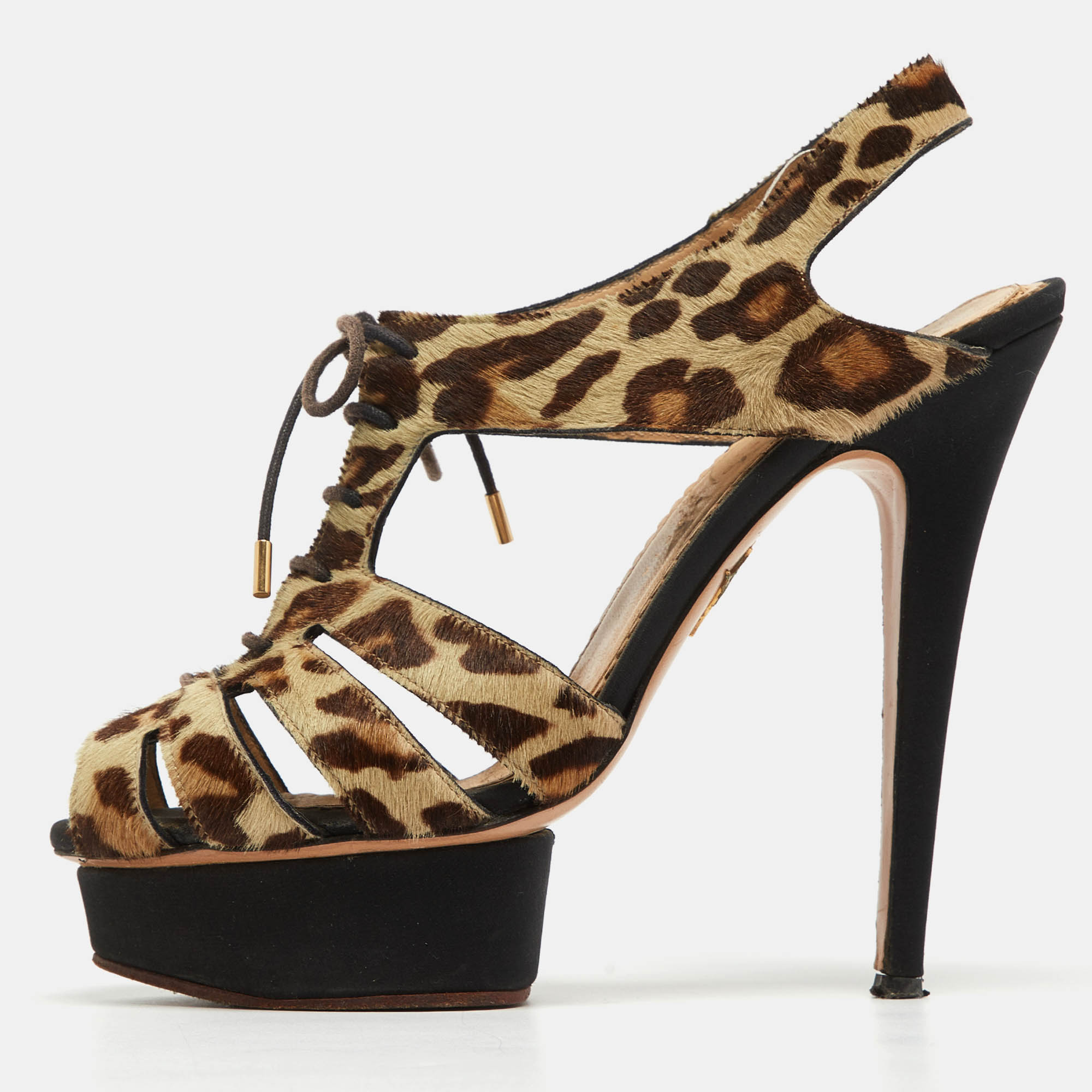 Charlotte olympia beige/brown leopard calf hair lace up platform sandals size 40