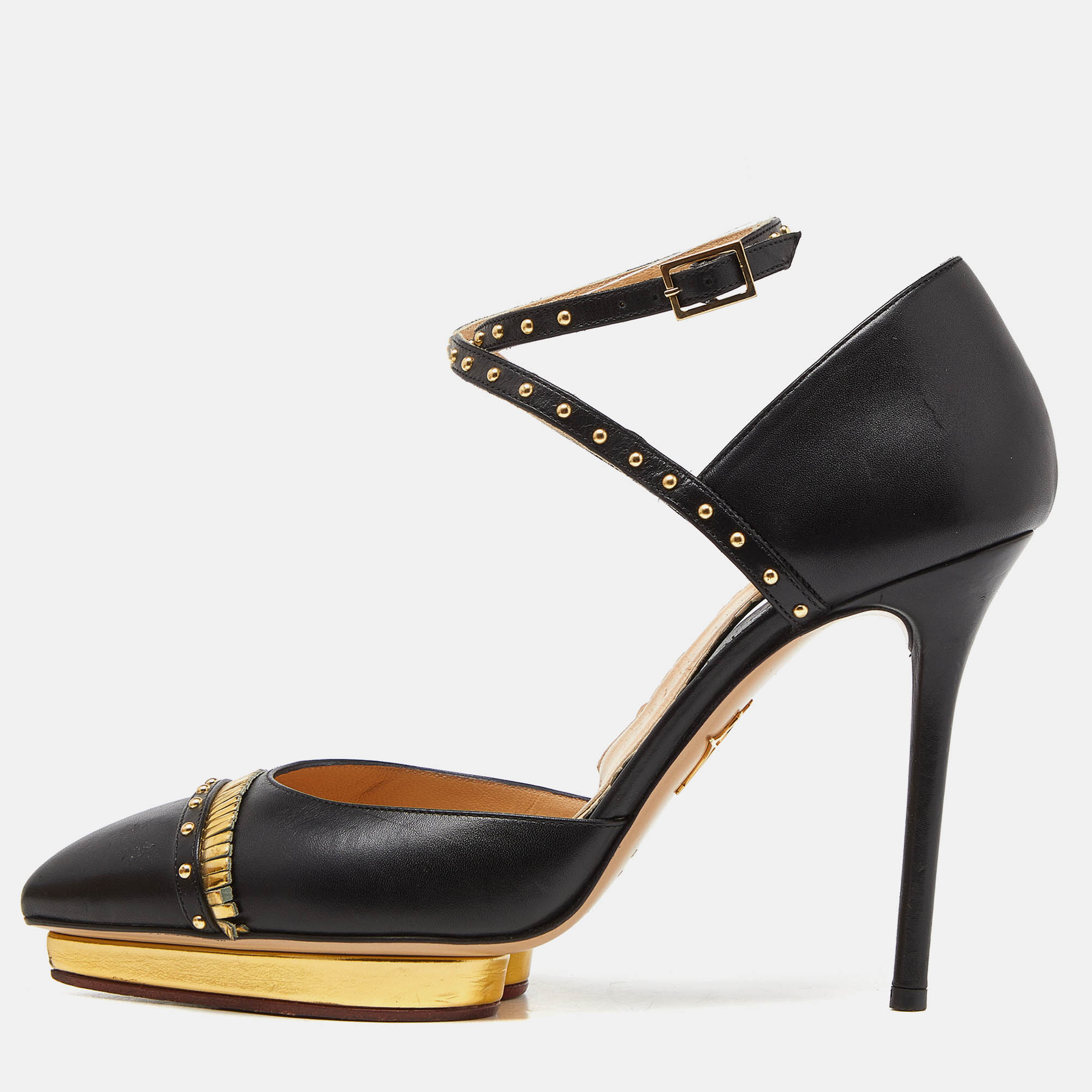 Charlotte olympia black leather studded pointed toe ankle strap pumps size 39