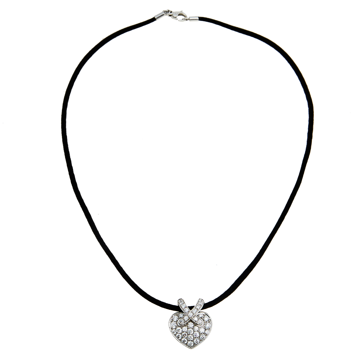 Chaumet Liens Heart Diamond Pendant 18K White Gold Black Cord Pendant Necklace