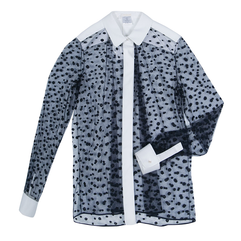 Image of Chloe Navy Blue and White Dot Embroidered Tulle Sheer Shirt M