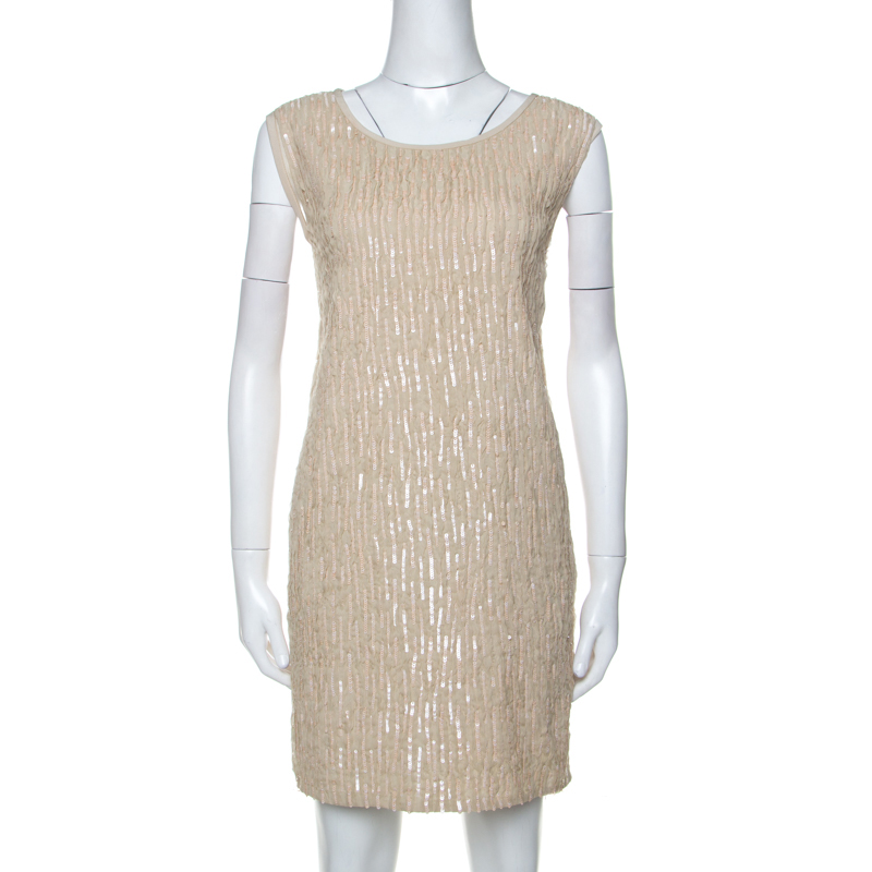Image of Chloe Beige Sequin Embellished Silk Sleeveless Shift Dress M
