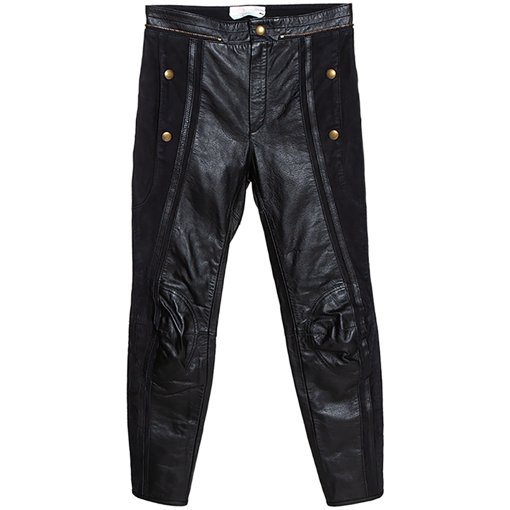 Image of Chlo&eacute; Black Leather & Nubuck Paneled Cropped Biker Pants S