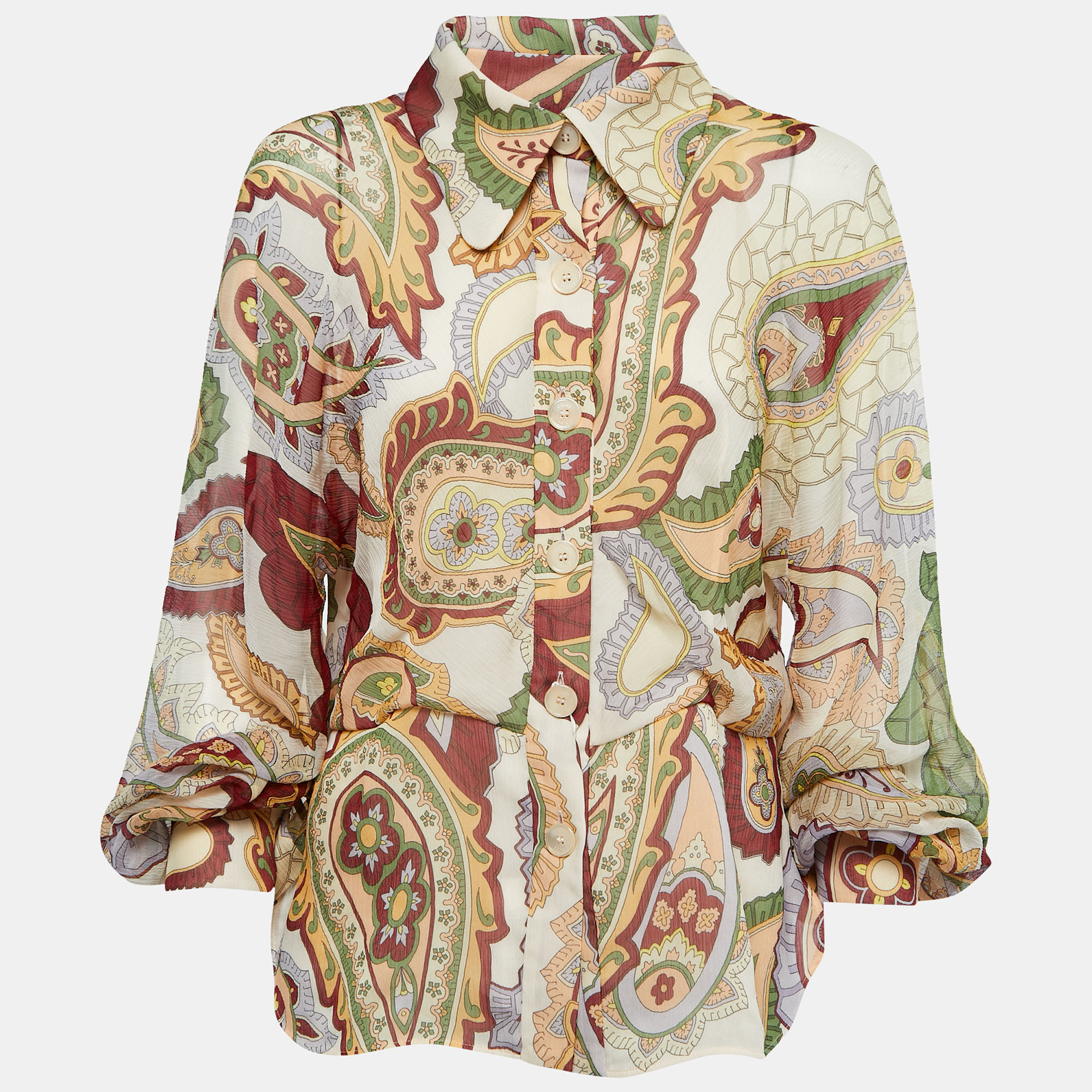 Chloe Multicolor Printed Silk Long Sleeve Peplum Shirt Blouse L