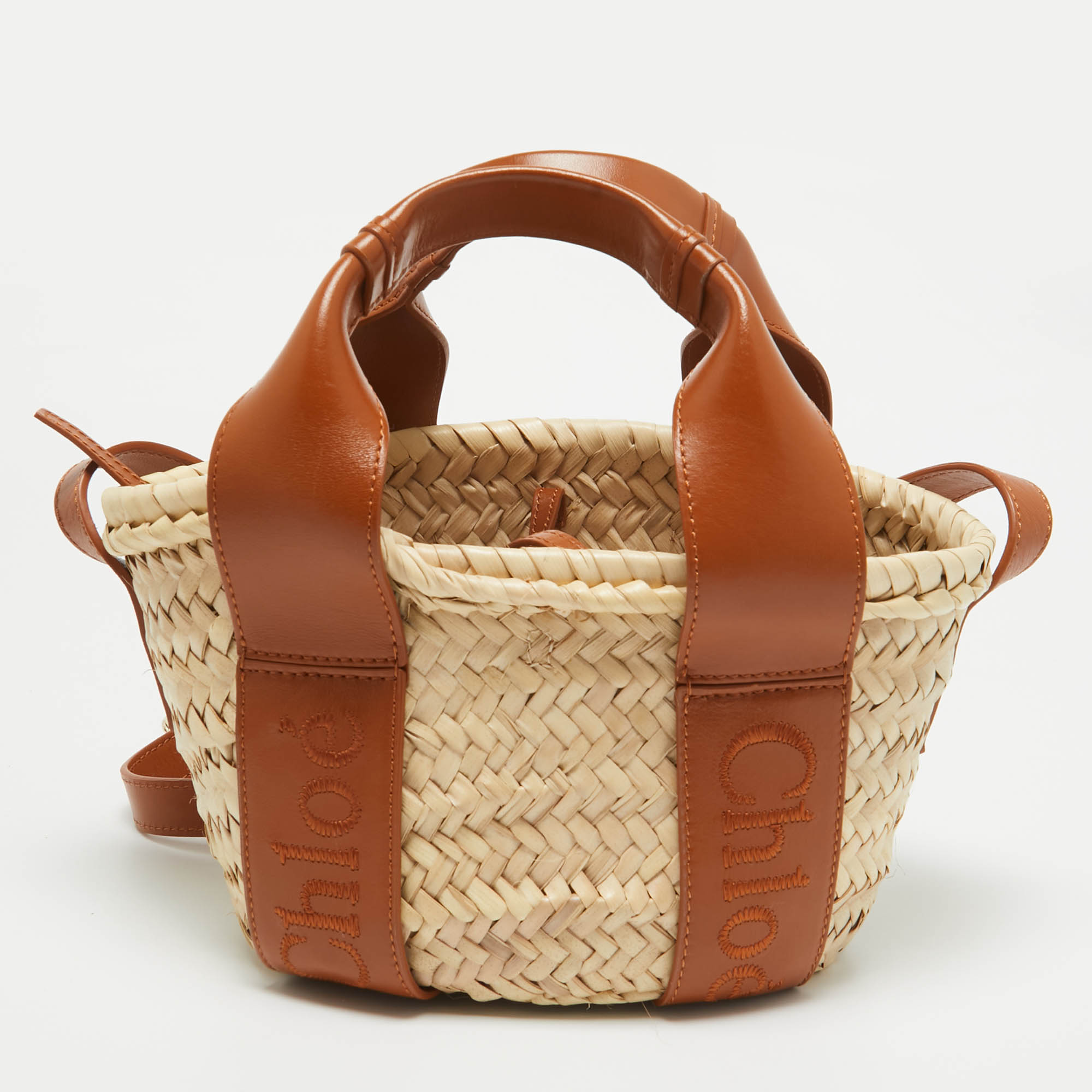 Chloé  Brown/Cream Woven Raffia And Leather Small Sense Basket Bag