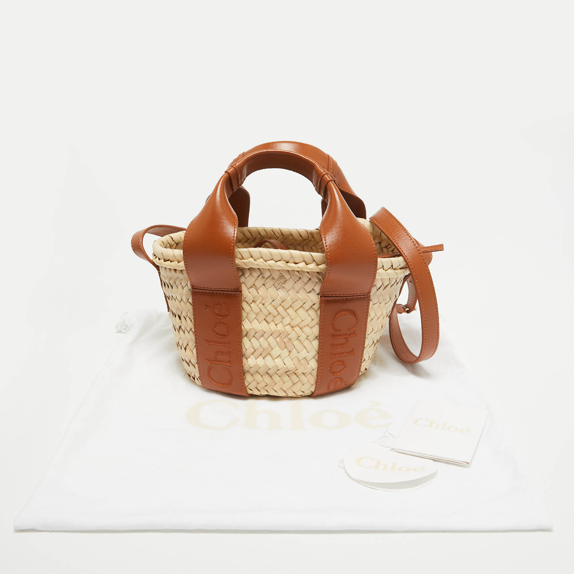 Chloé  Brown/Cream Woven Raffia And Leather Small Sense Basket Bag