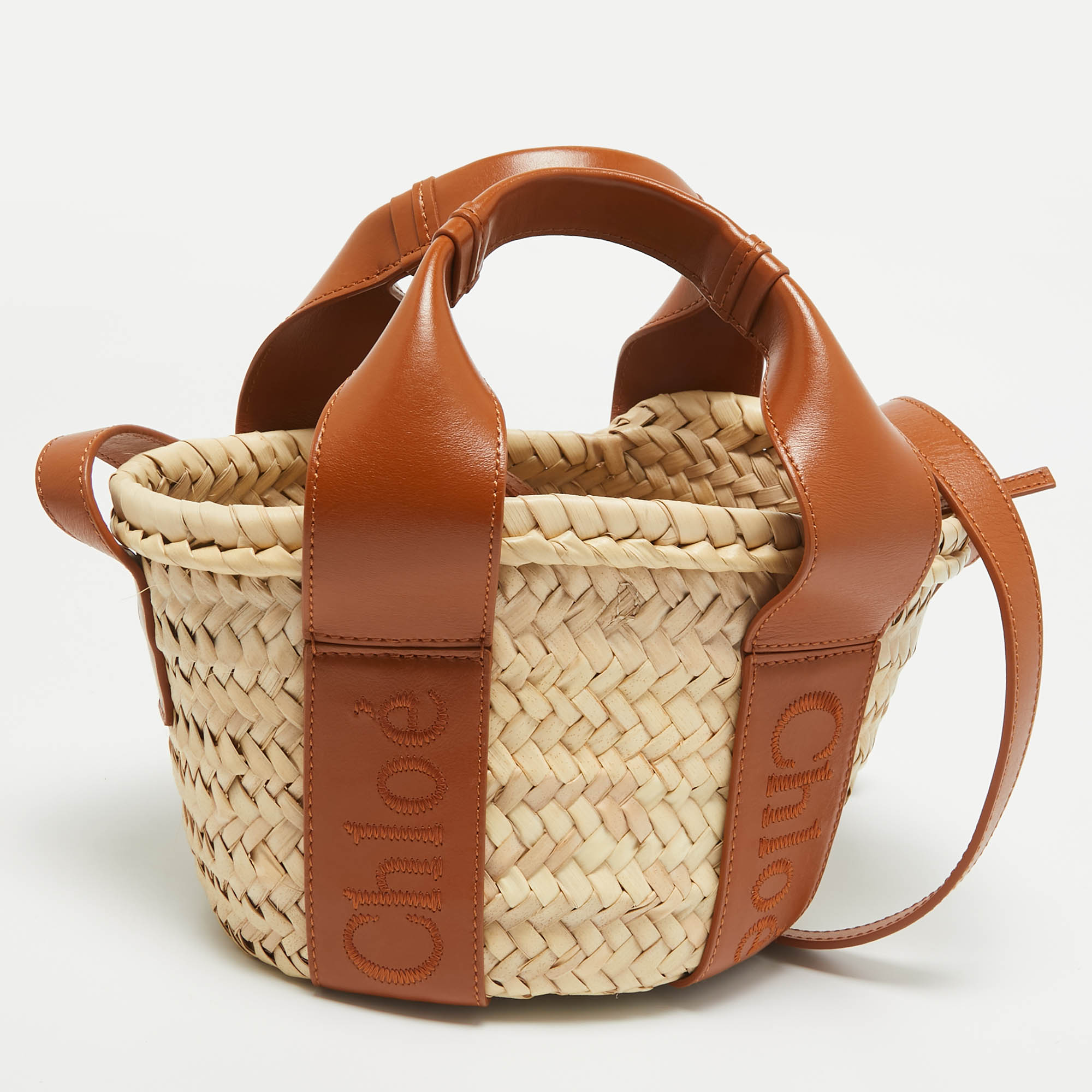 Chloé  Brown/Cream Woven Raffia And Leather Small Sense Basket Bag