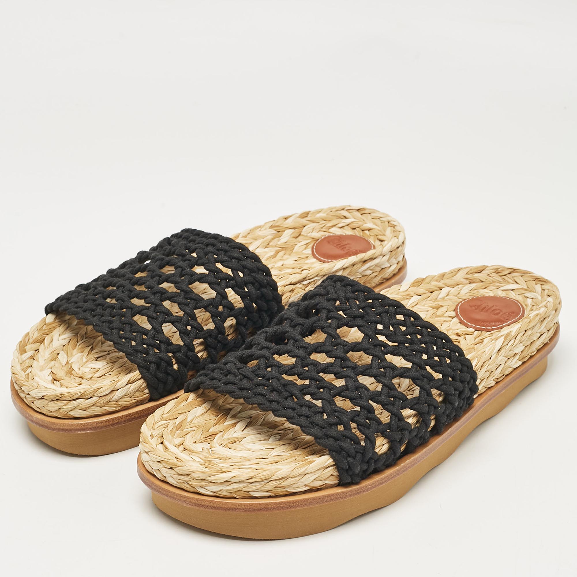 Chloe Black Woven Crochet Wavy Flat Slides Size 40