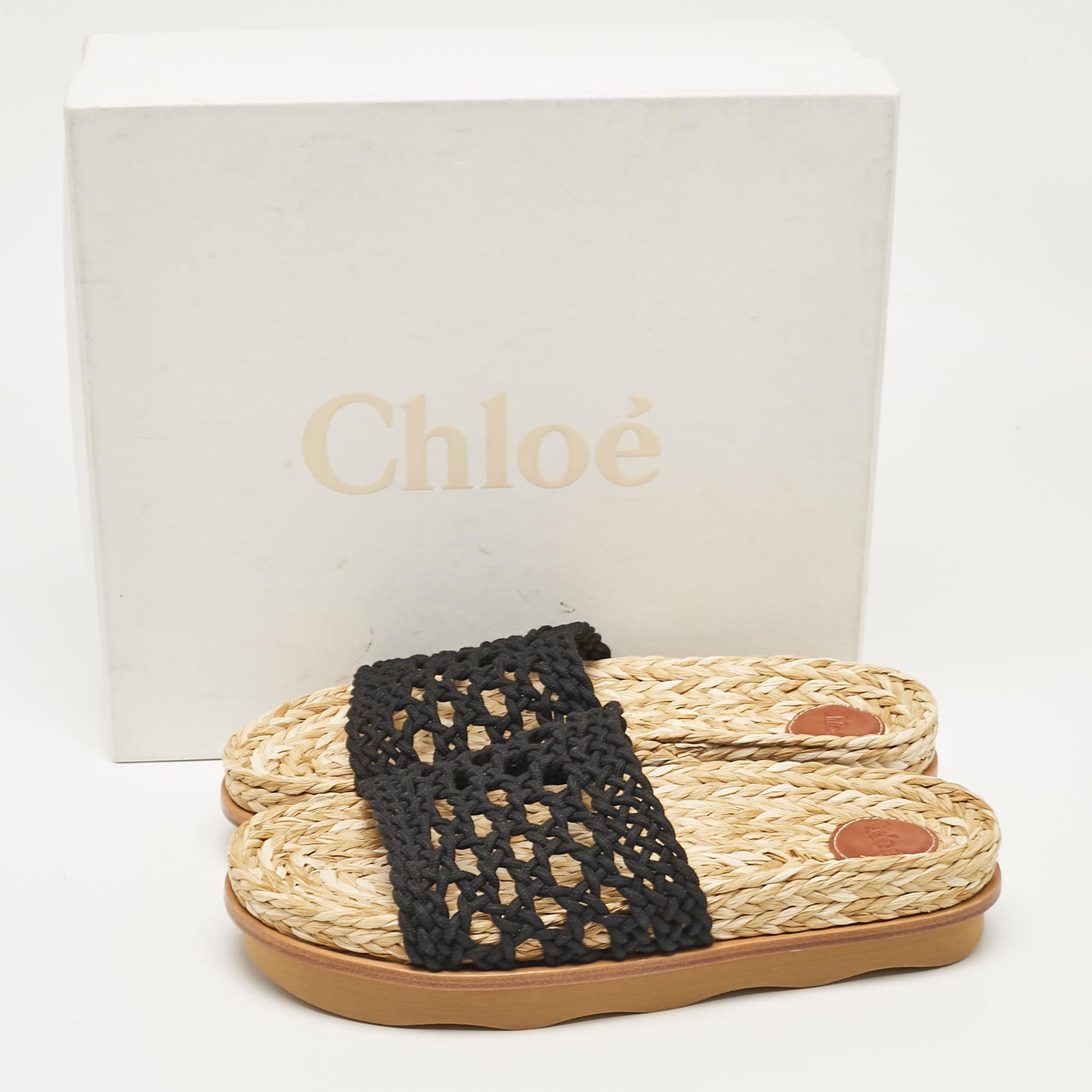 Chloe Black Woven Crochet Wavy Flat Slides Size 40