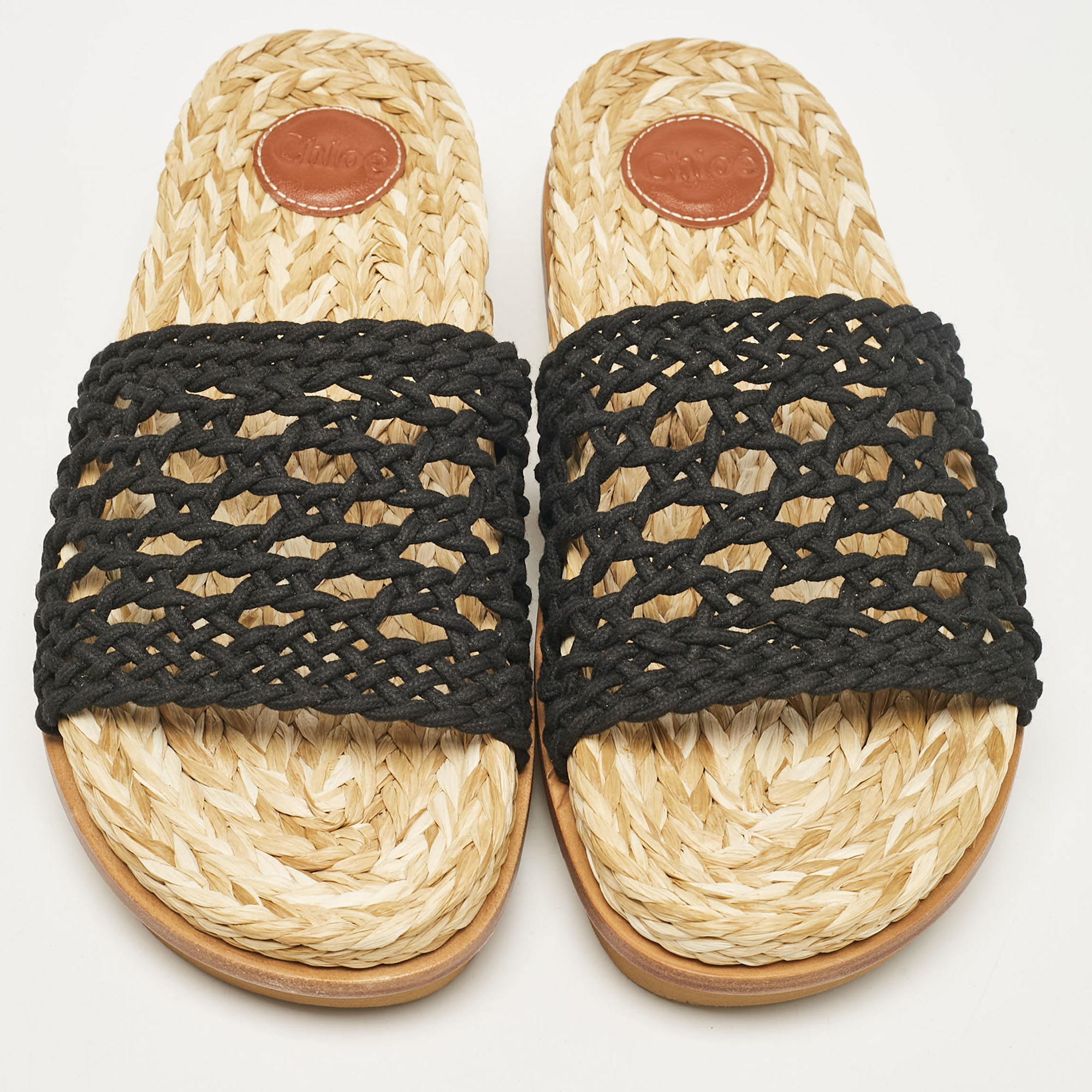 Chloe Black Woven Crochet Wavy Flat Slides Size 40