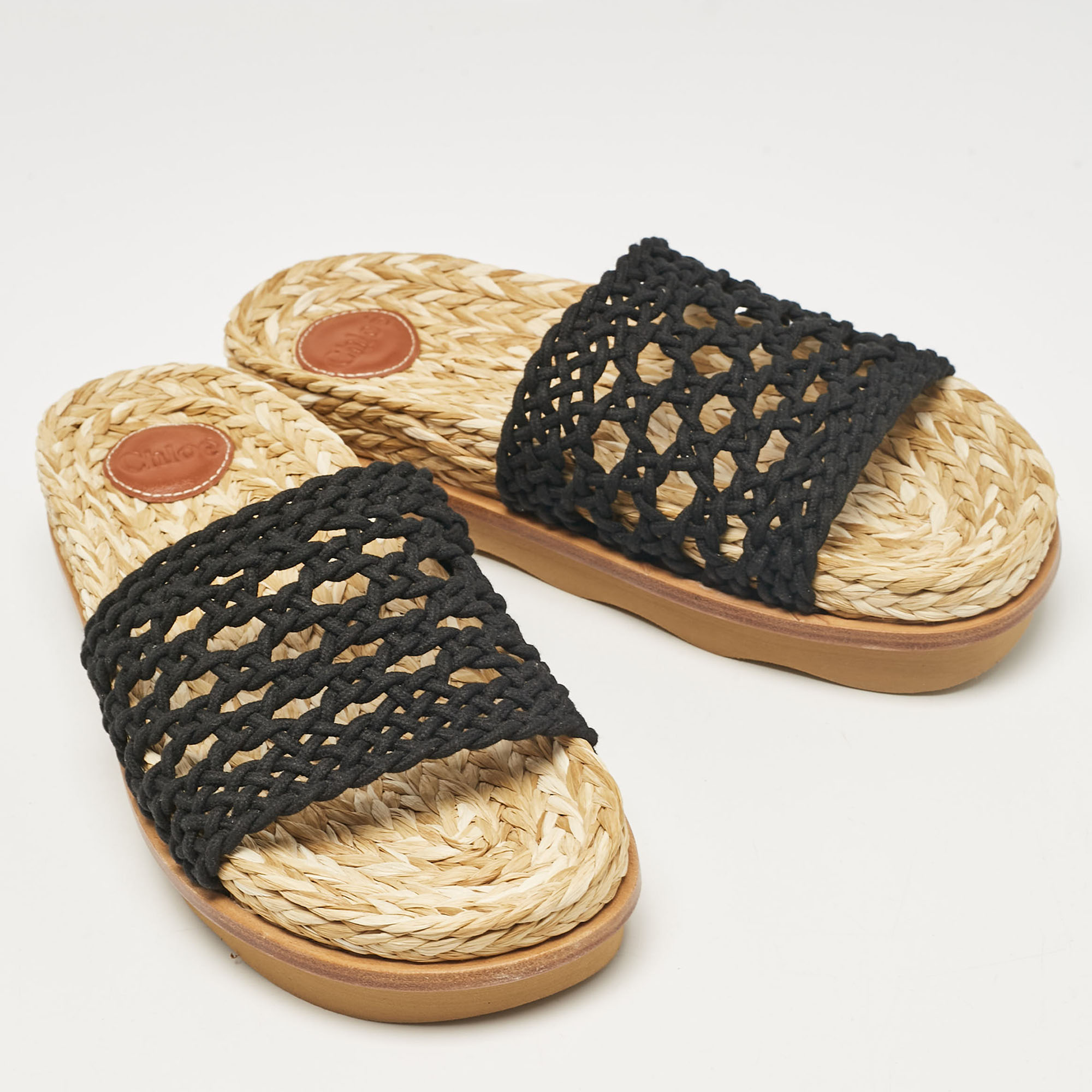 Chloe Black Woven Crochet Wavy Flat Slides Size 40