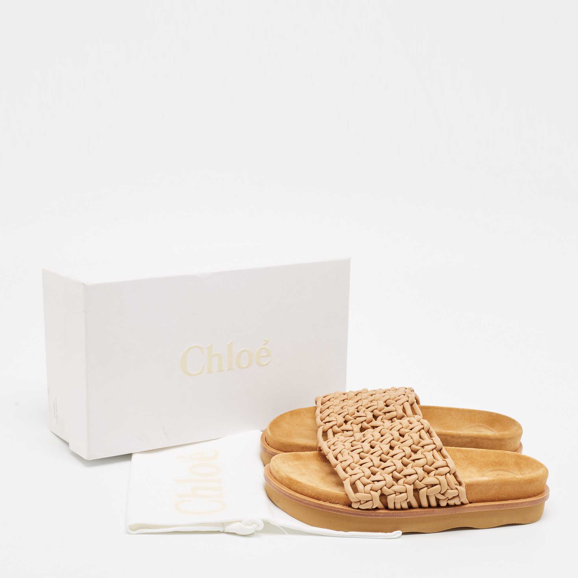 Chloe Beige Woven Leather Kacey Flat Slides Size 37