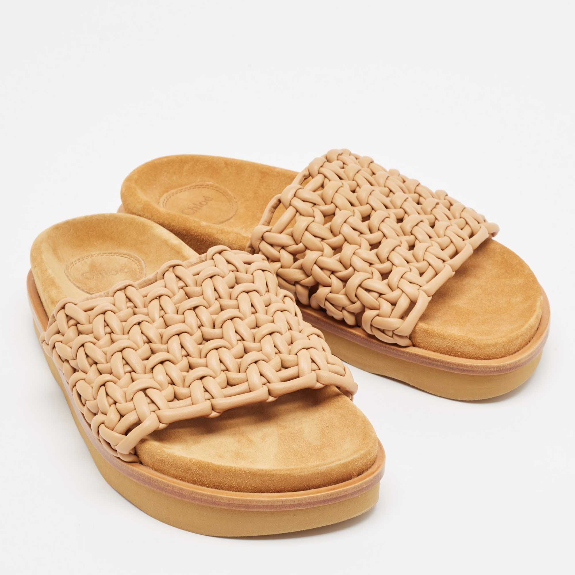 Chloe Beige Woven Leather Kacey Flat Slides Size 37