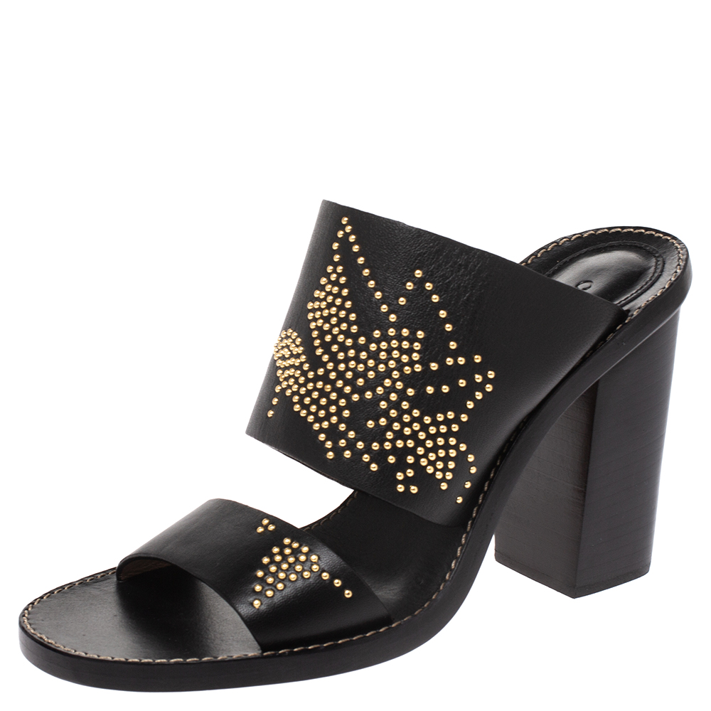 Image of Chloe Black Studded Leather Slide Sandals Size .