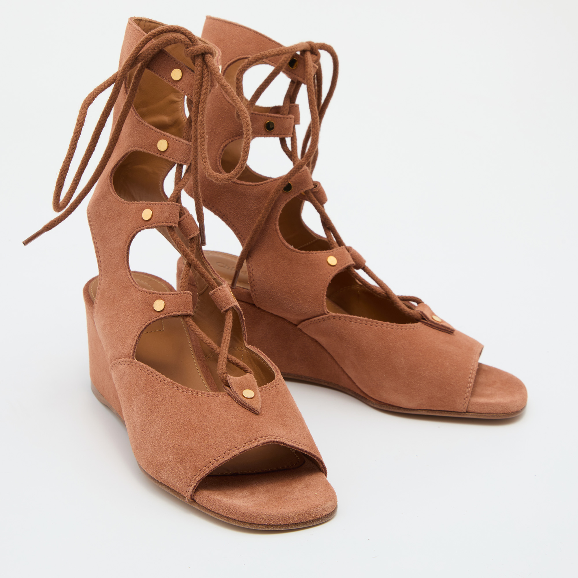 Chloe Brown Suede Caged Tie Up Ghillie Wedge Sandals Size 36