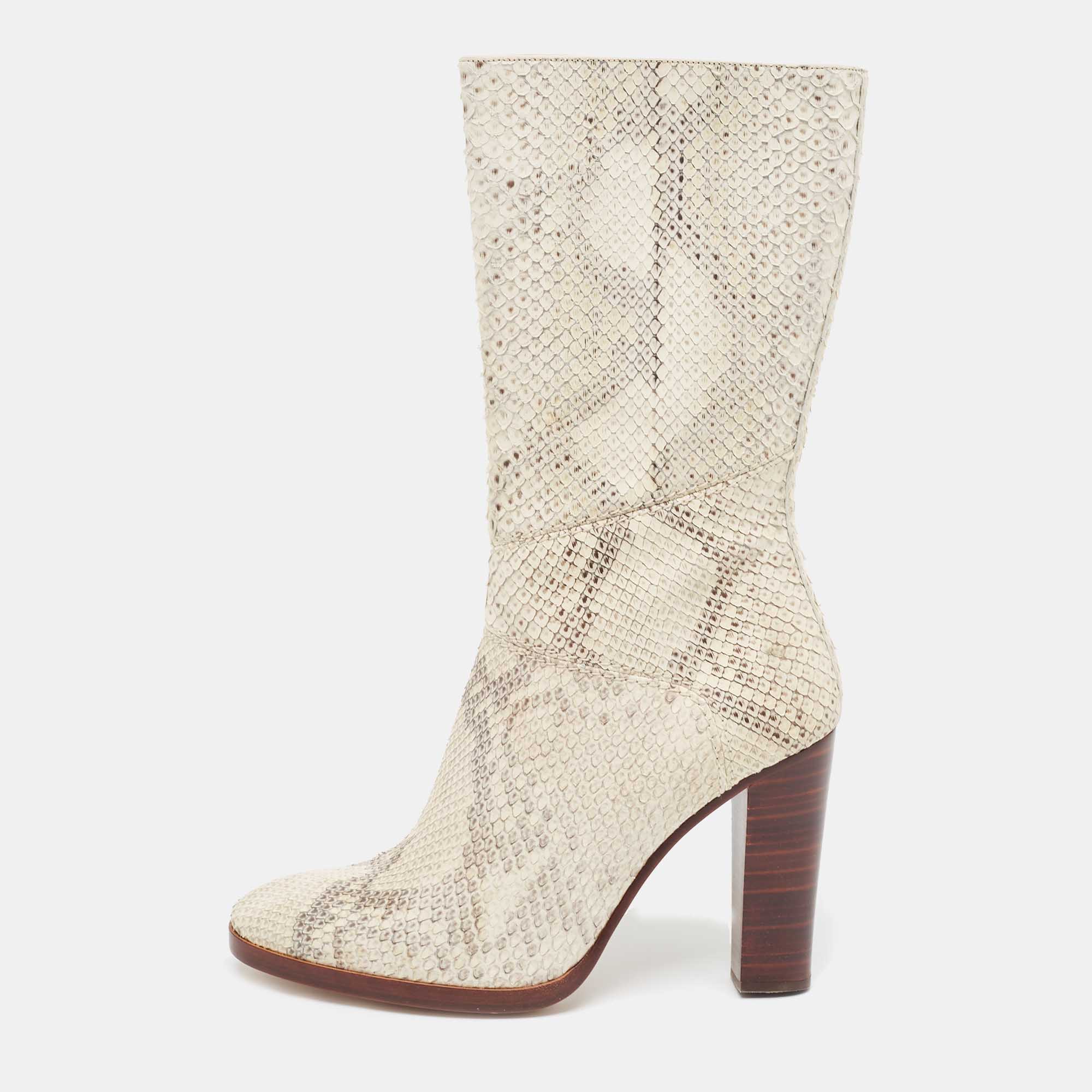 Chloé Two Tone Python Leather Adelie Mid Calf Boots Size 41.5