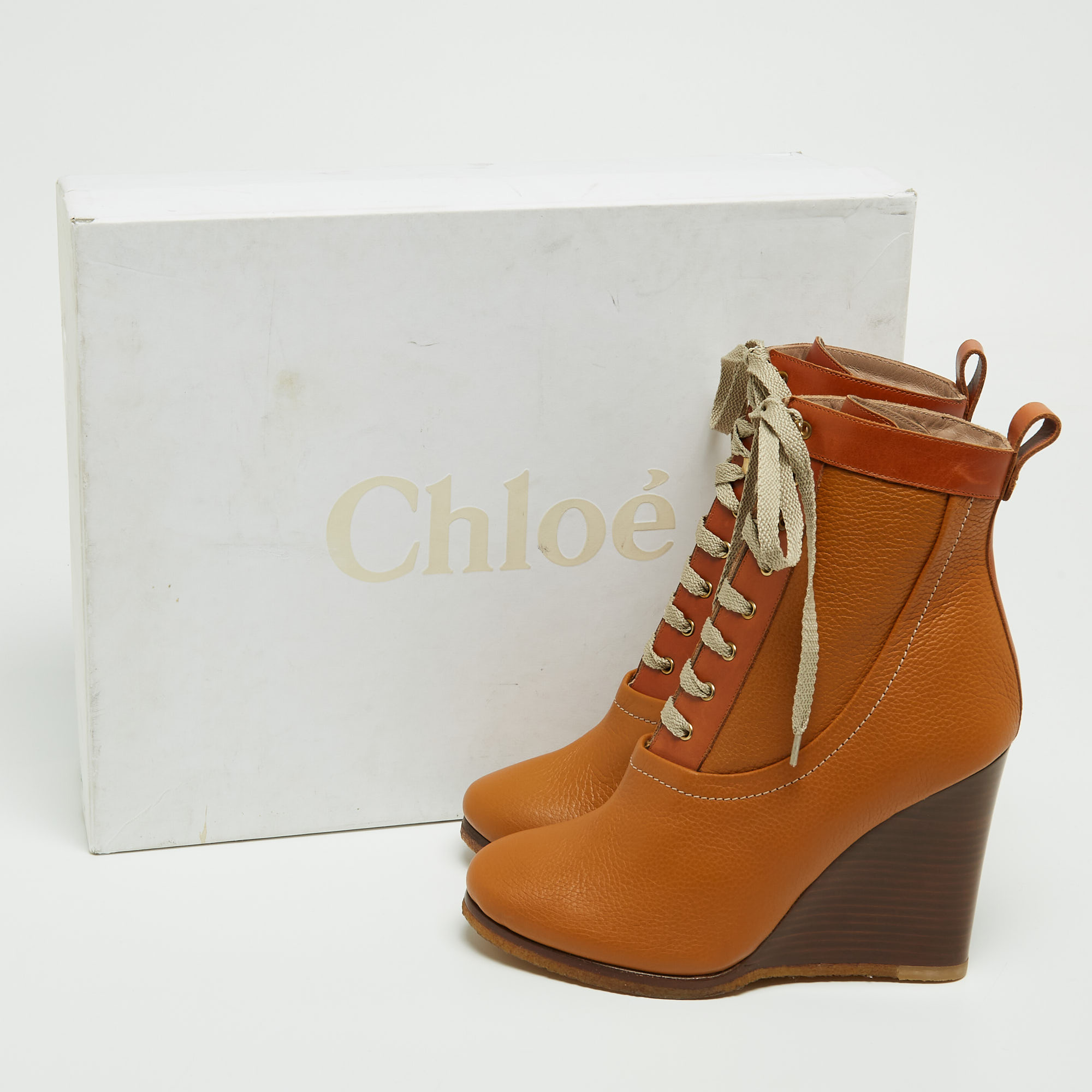 Chloe Brown Leather Lace Up Wedge Ankle Boots Size 37.5