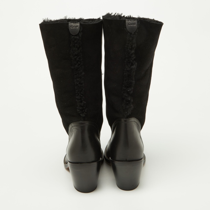 Chloe Black Leather, Suede And Fur Trim Mid Calf Boots Size 39