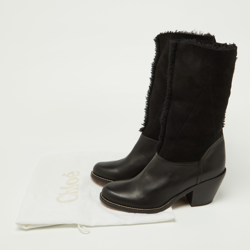 Chloe Black Leather, Suede And Fur Trim Mid Calf Boots Size 39