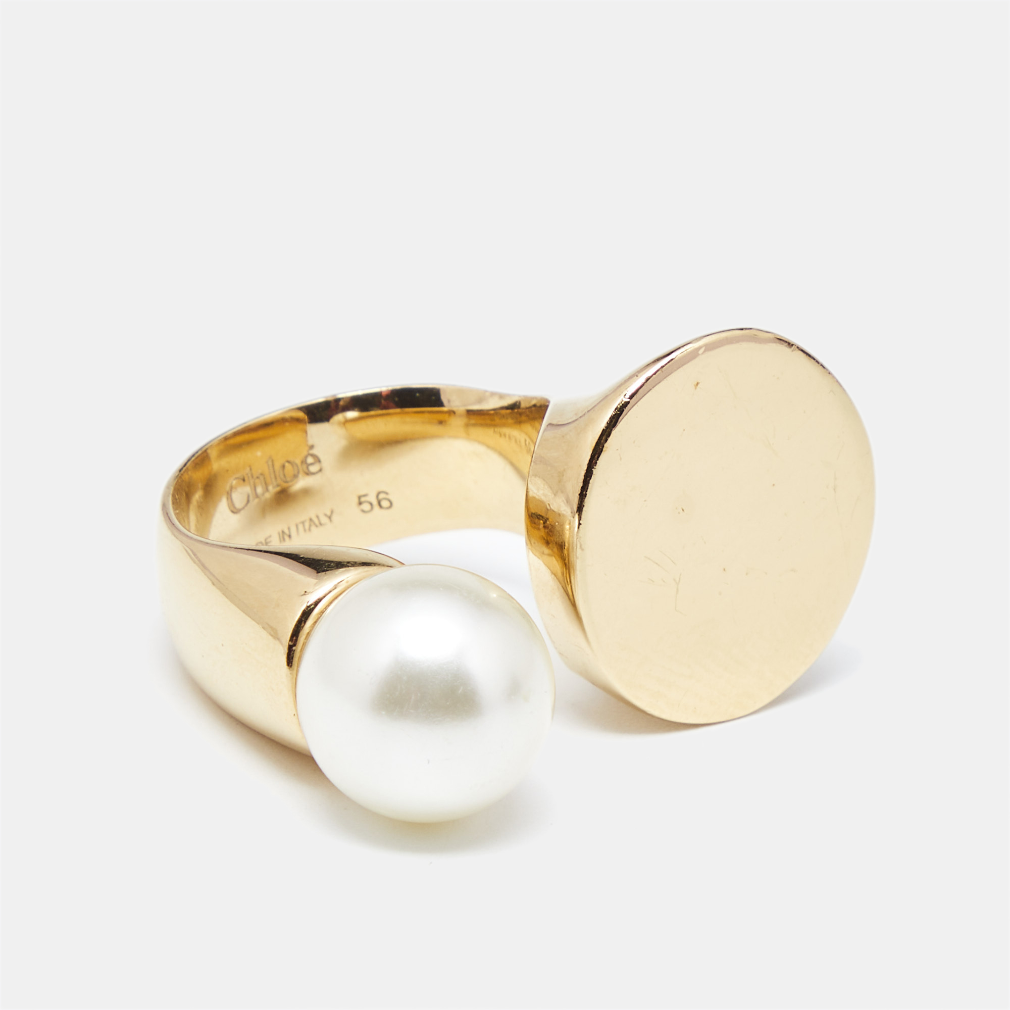 Chloé Darcey Faux Pearl Gold Tone Ring Size 57