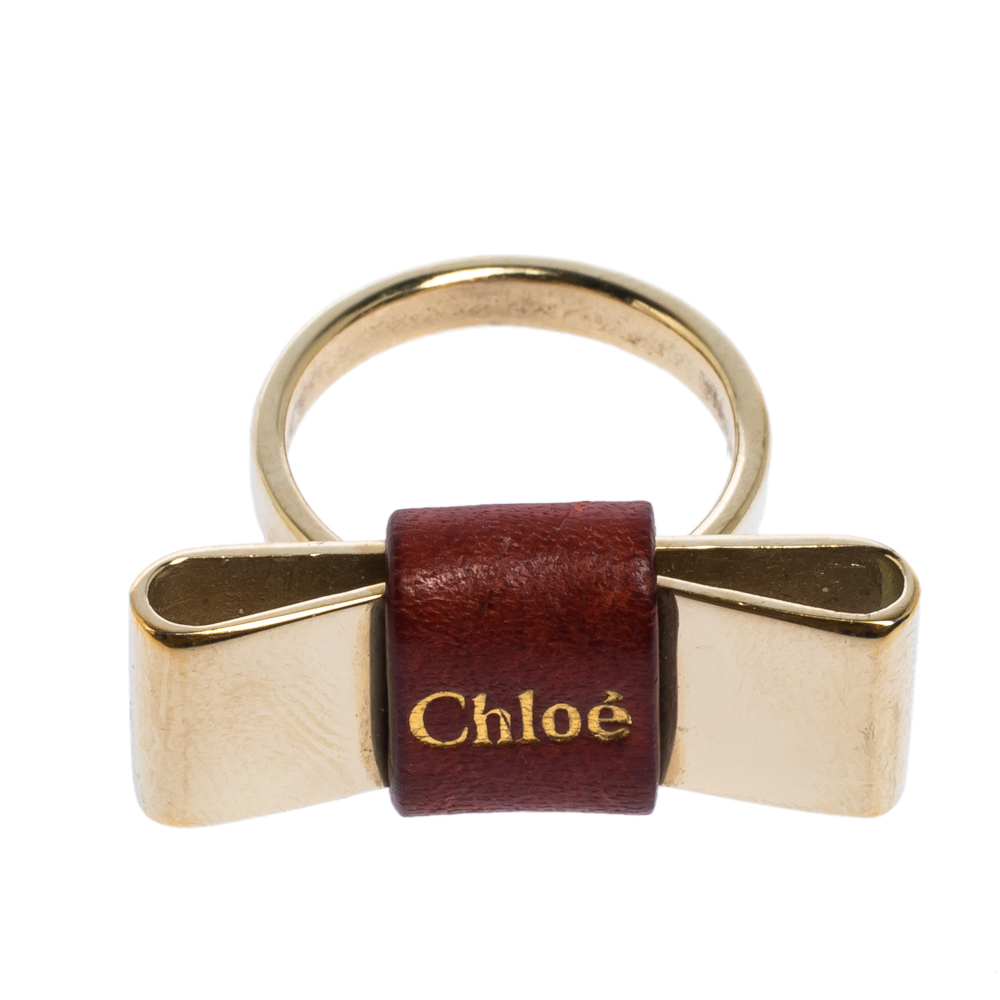 Chloe Leather Bow Motif Gold Tone Ring Size 54