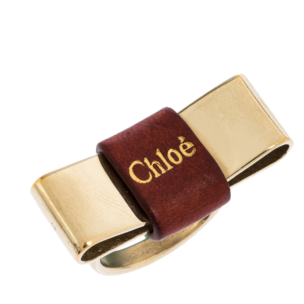 Chloe Leather Bow Motif Gold Tone Ring Size 54