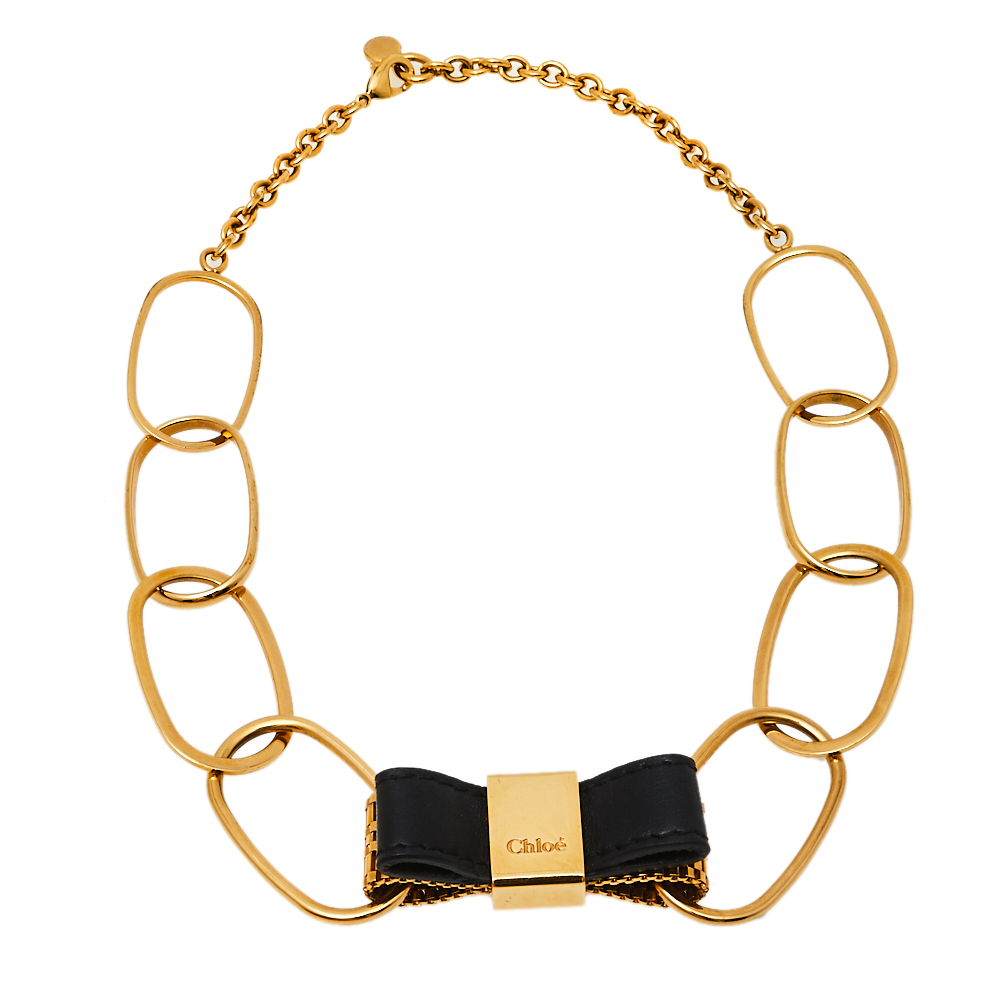 Chloe Gold Tone Metal Leather Bow Detail Chain Necklace